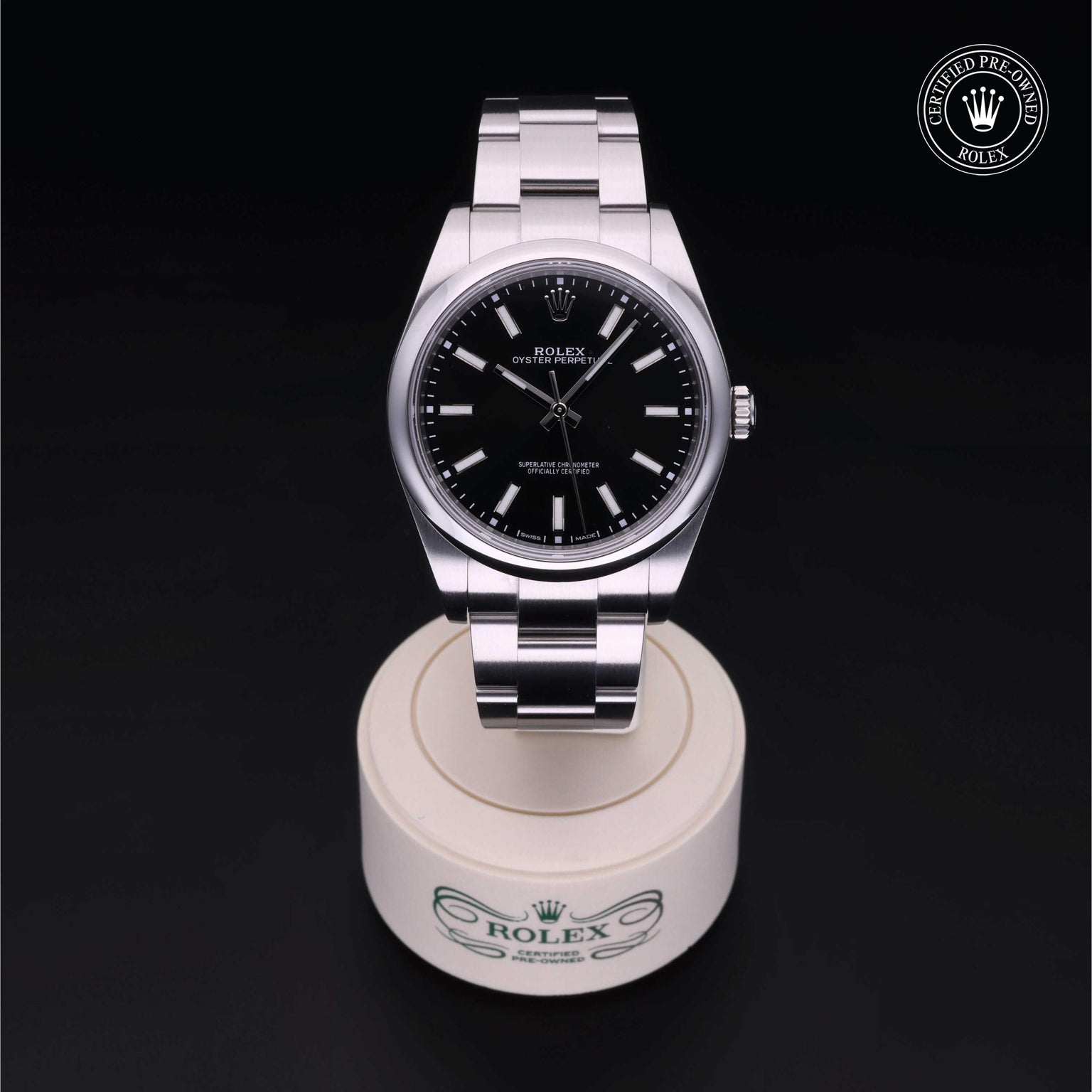 Rolex Certified Pre-owned Oyster Perpetual M114300-0005 front on black background