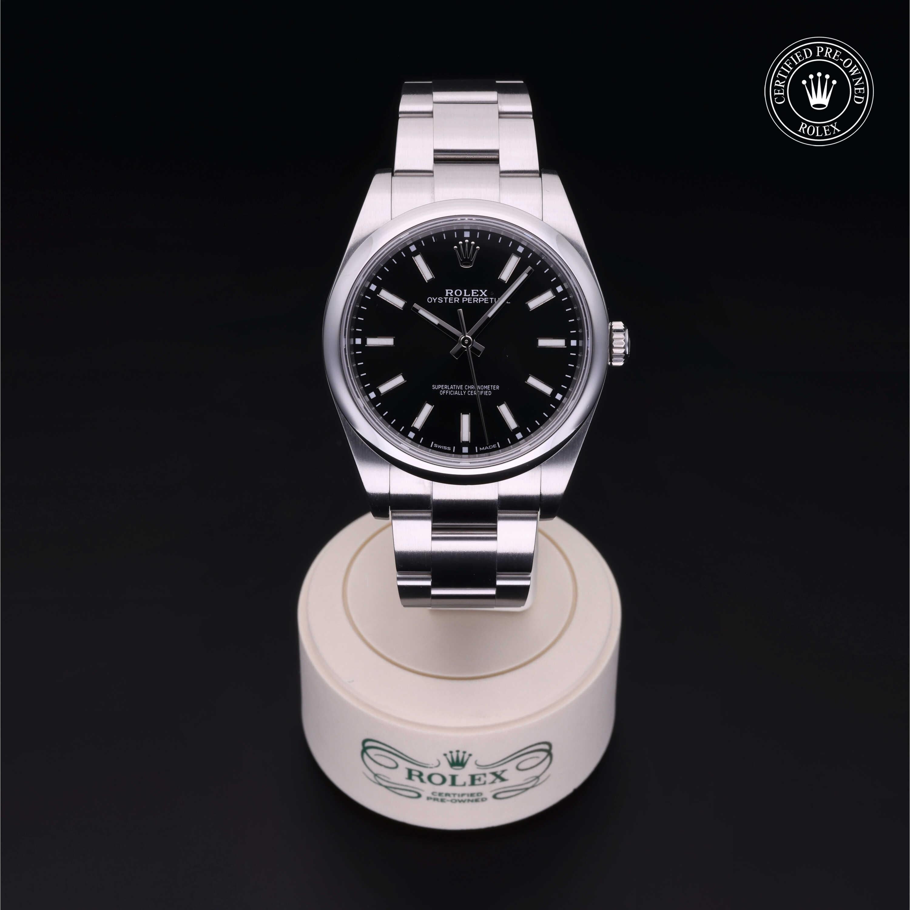 Rolex Certified Pre-owned Oyster Perpetual M114300-0005 front on black background