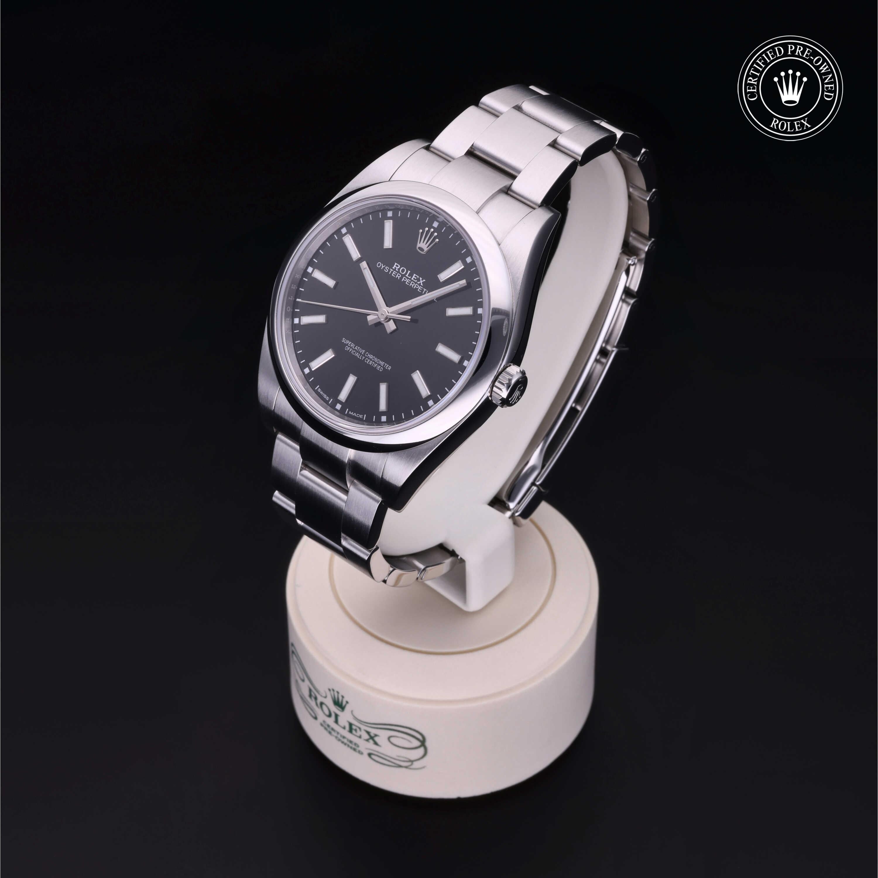 Rolex Certified Pre-owned Oyster Perpetual M114300-0005 front on black background