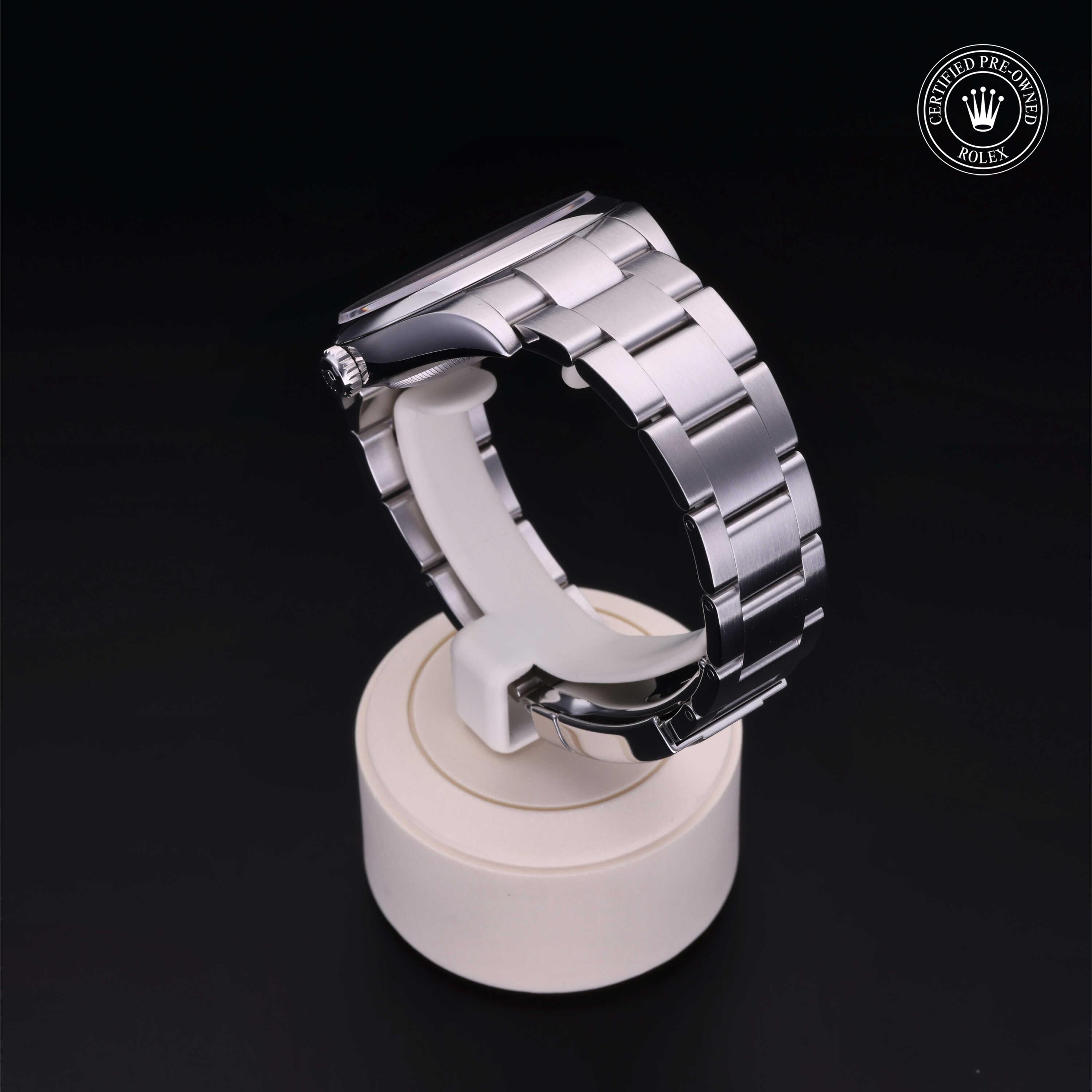 Rolex Certified Pre-owned Oyster Perpetual M114300-0005 front on black background