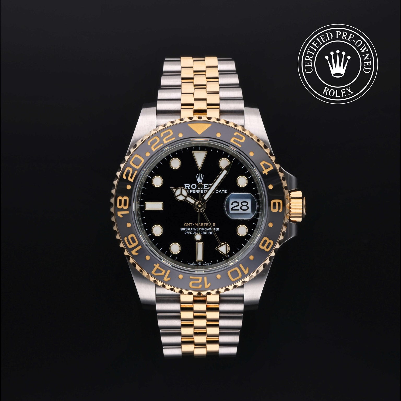 Rolex Certified Pre-owned GMT M126713GRNR-0001 front on black background