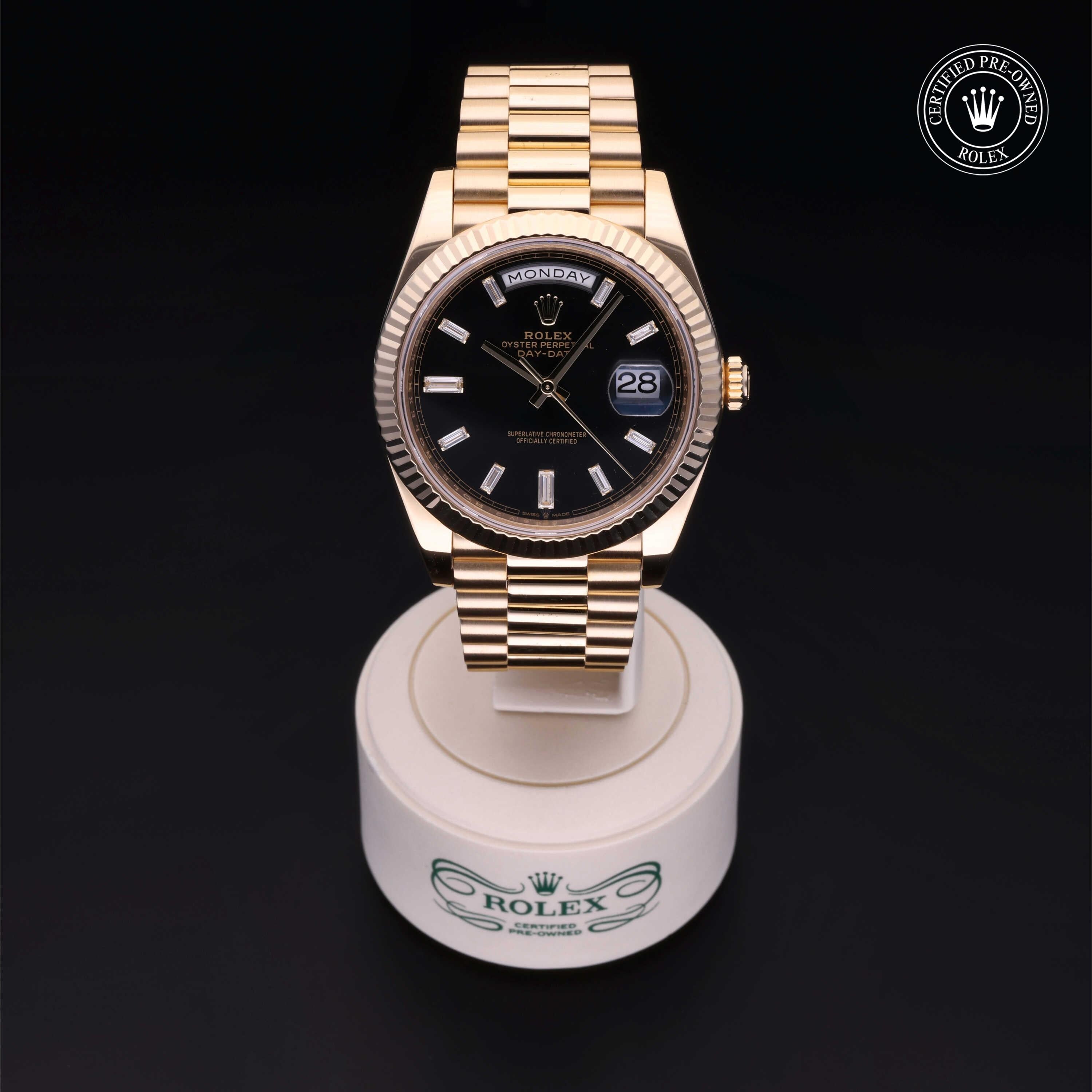 Rolex Certified Pre-owned Day-date M228238-0004 front on black background