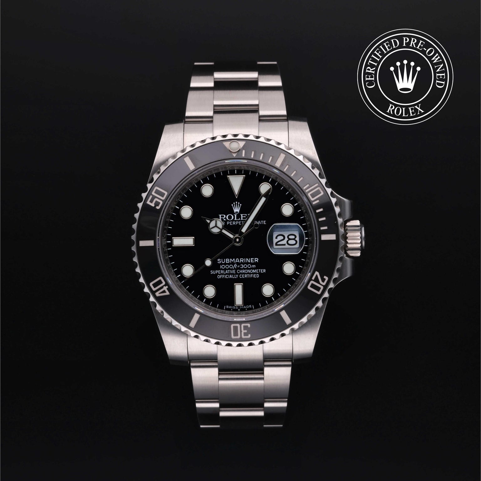 Rolex Certified Pre-owned Submariner M116610LN-0001 front on black background