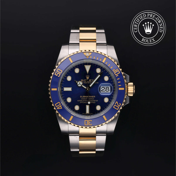 Rolex Certified Pre-owned Submariner M116613LB-0005 front on black background