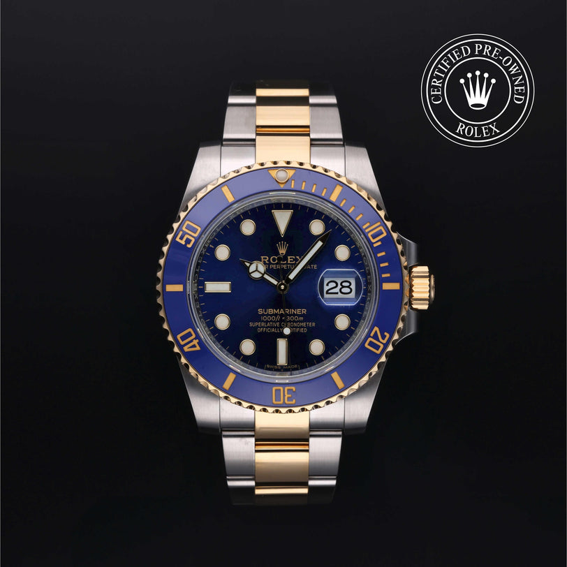 Rolex Certified Pre-owned Submariner M116613LB-0005 front on black background