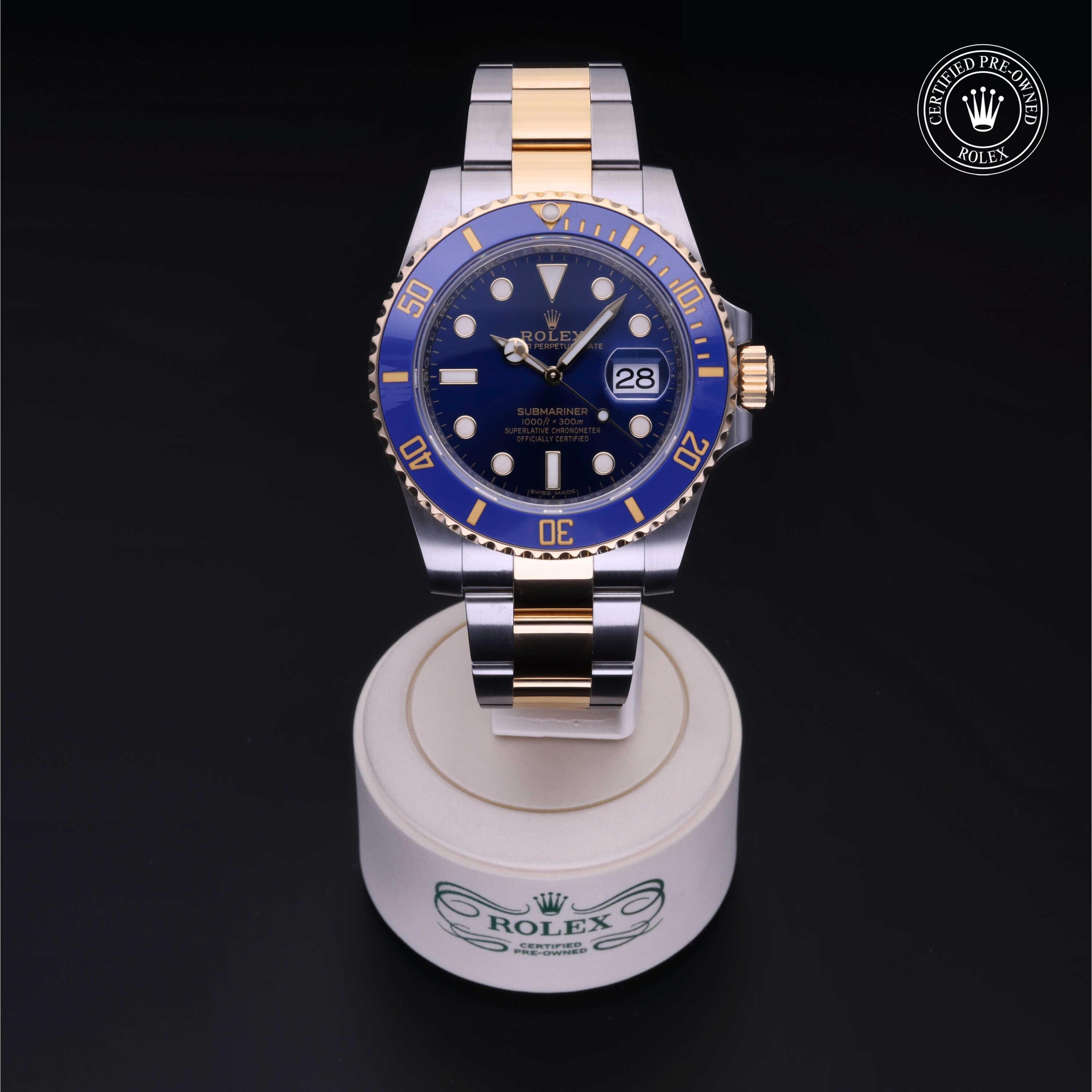 Rolex Certified Pre-owned Submariner M116613LB-0005 front on black background