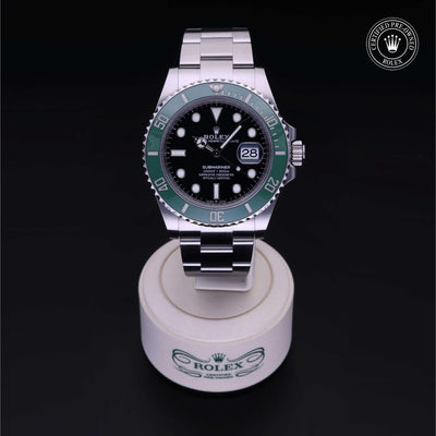 Rolex Certified Pre-owned Submariner M126610LV-0002 front on black background