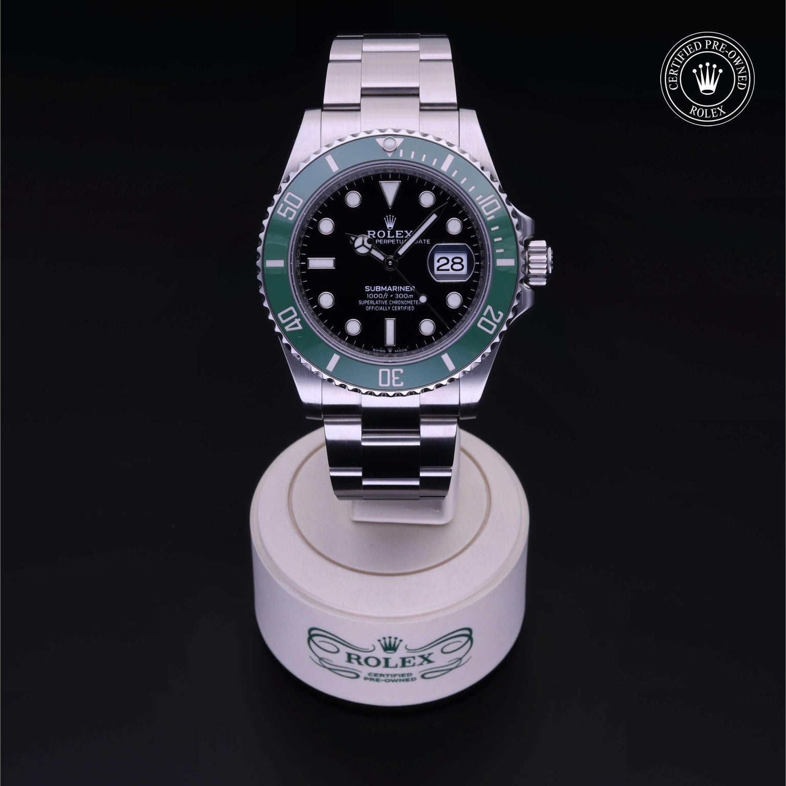 Rolex Certified Pre-owned Submariner M126610LV-0002 front on black background
