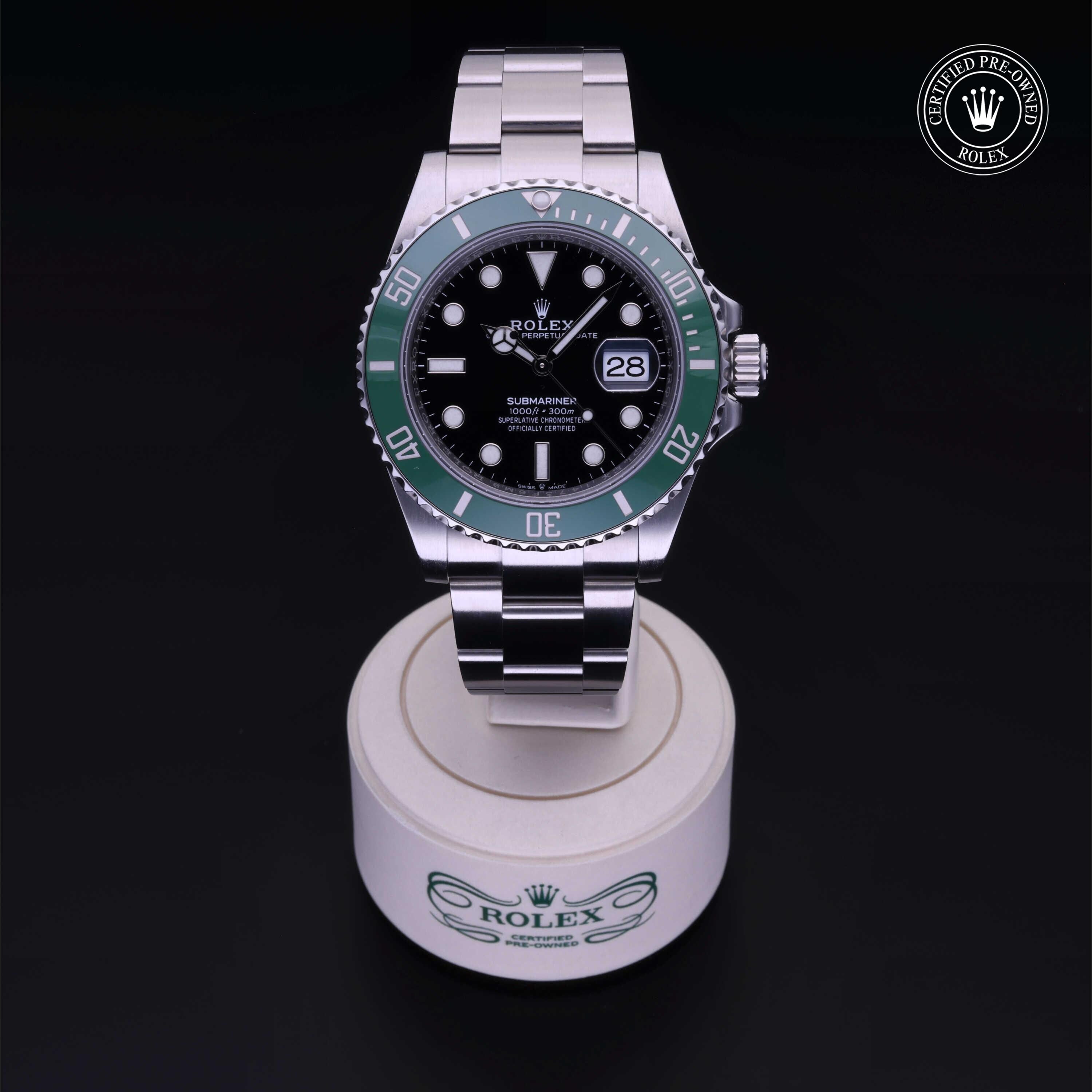Rolex Certified Pre-owned Submariner M126610LV-0002 front on black background
