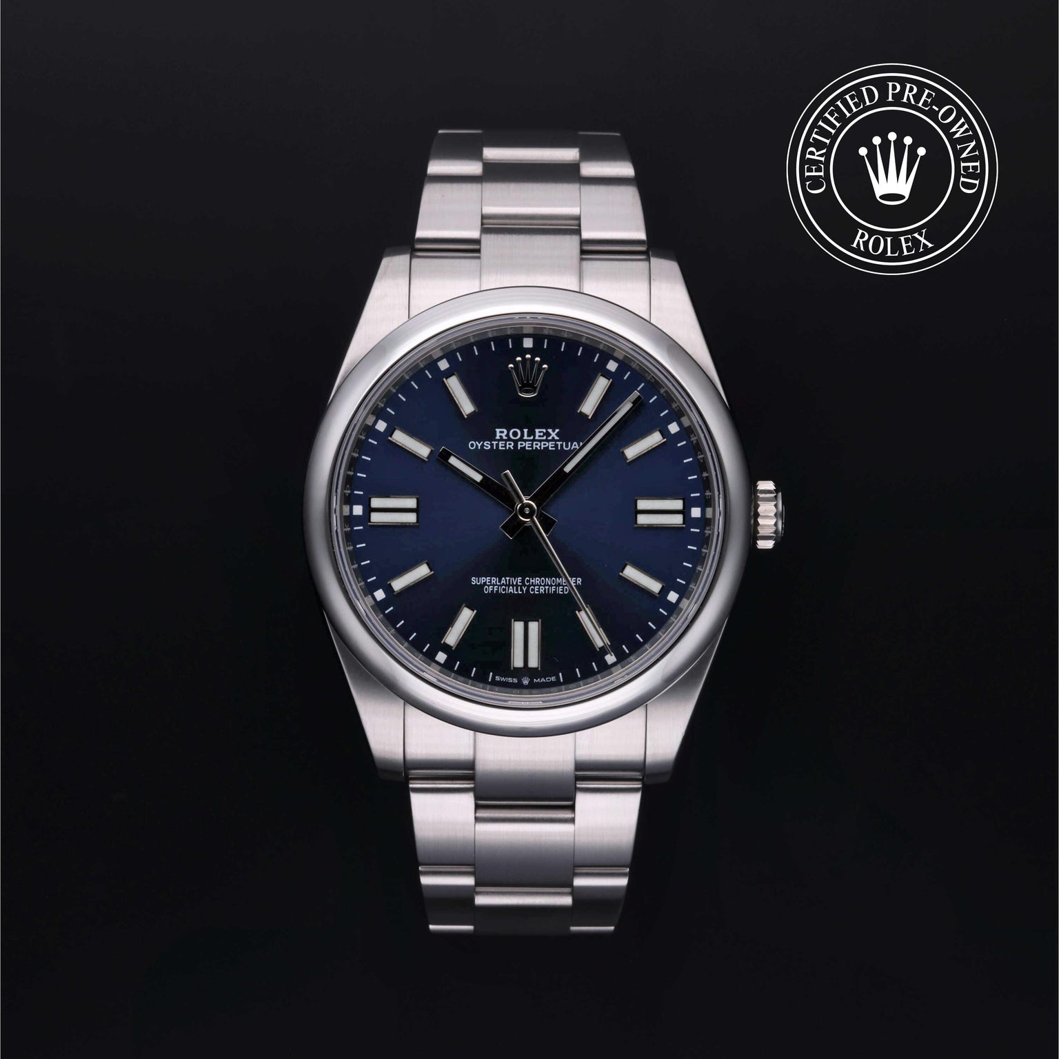 Rolex Certified Pre-owned Oyster Perpetual M124300-0003 front on black background