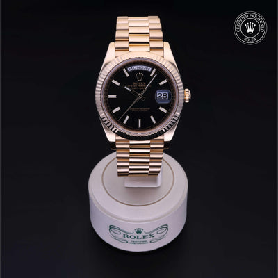 Rolex Certified Pre-owned Day-date M228238-0007 front on black background