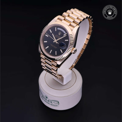 Rolex Certified Pre-owned Day-date M228238-0007 front on black background