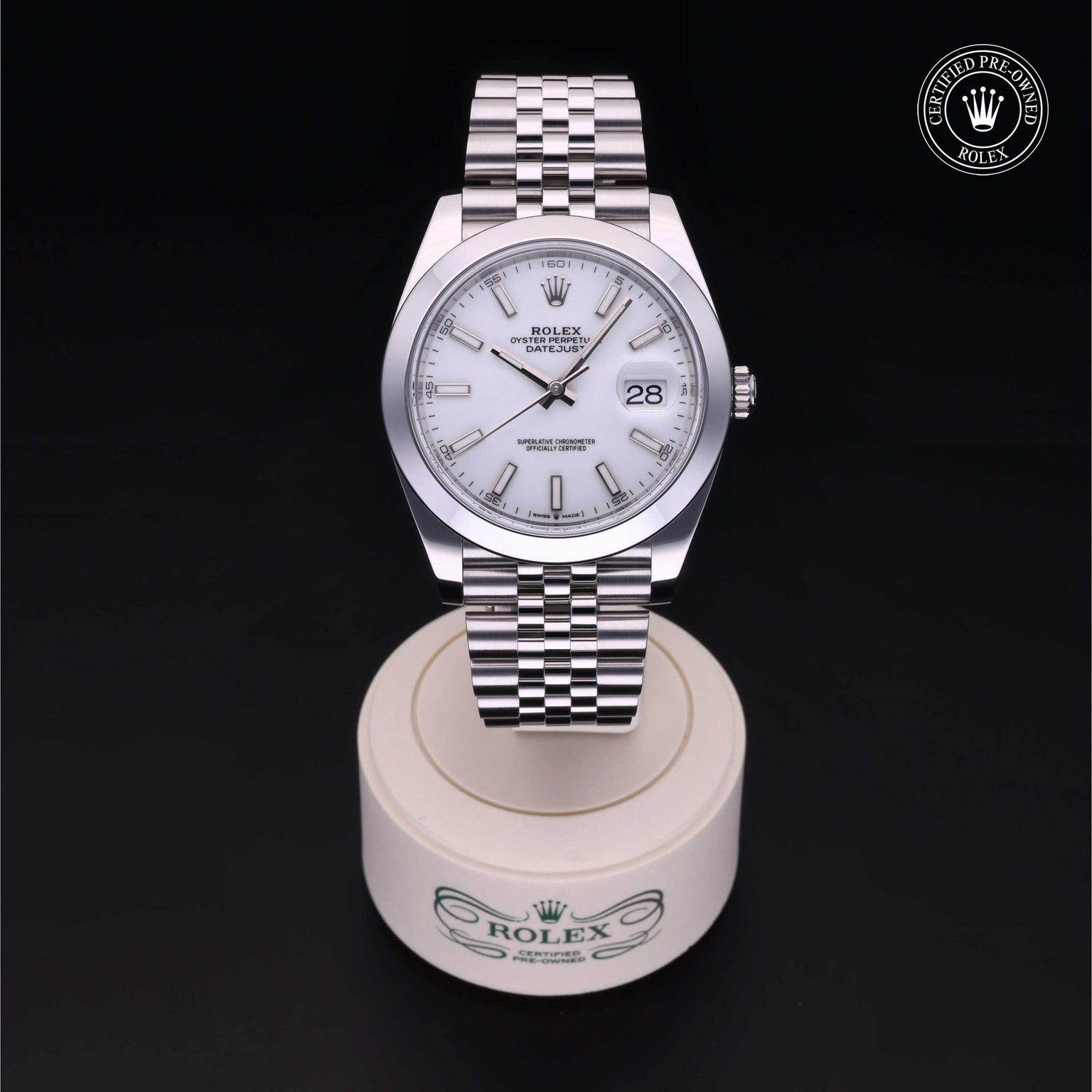 Rolex Certified Pre-owned Datejust M126300-0006 front on black background
