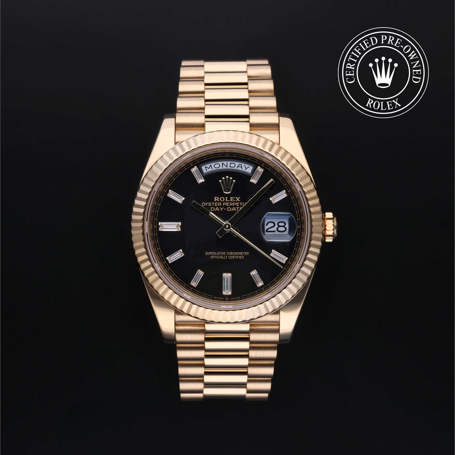 Rolex Certified Pre-owned Day-date M228238-0004 front on black background