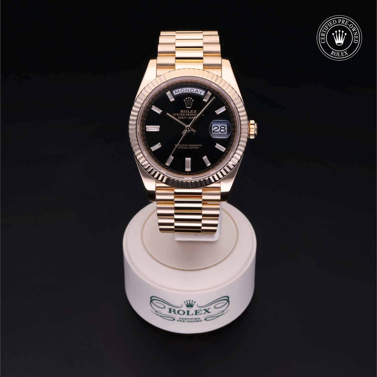 Rolex Certified Pre-owned Day-date M228238-0004 front on black background