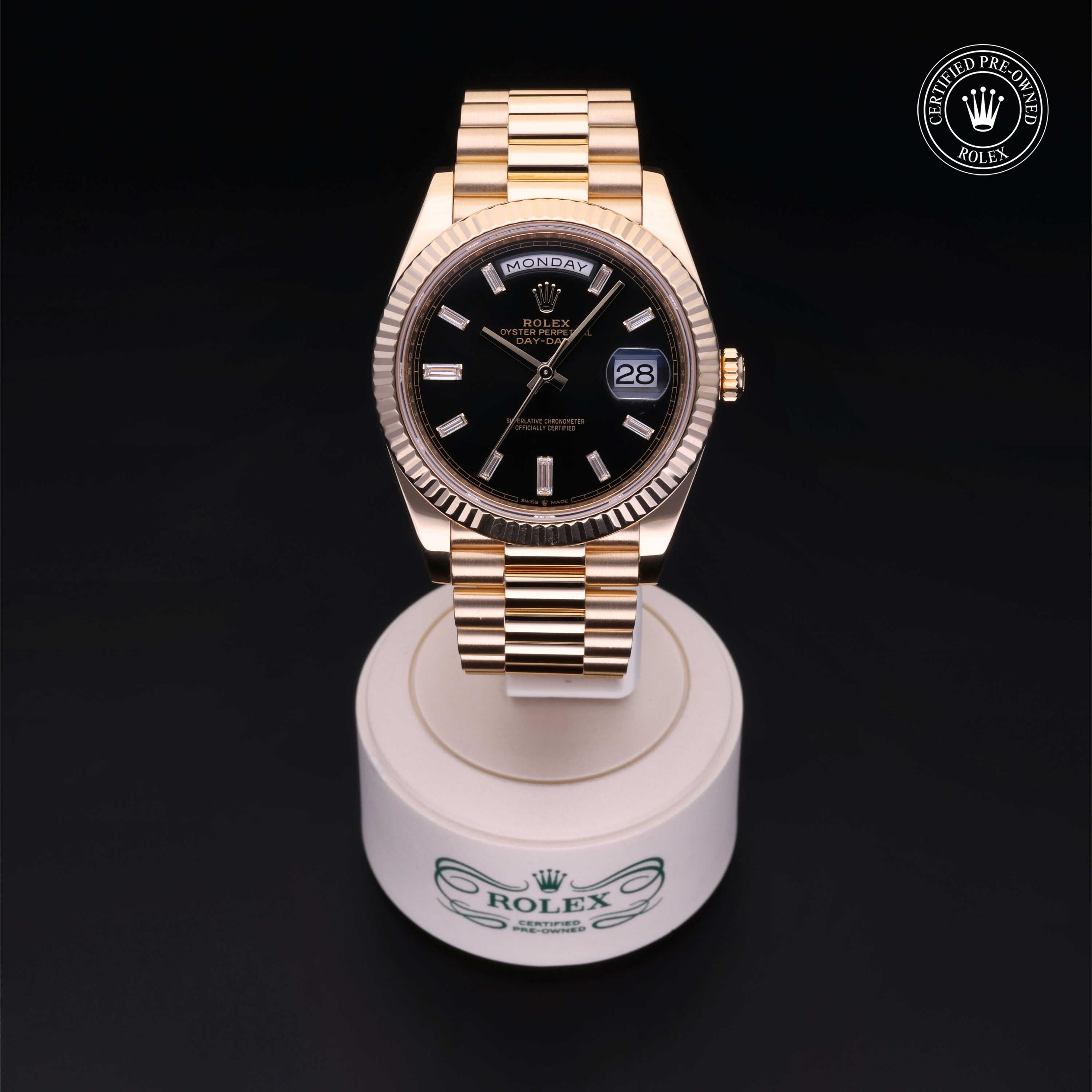 Rolex Certified Pre-owned Day-date M228238-0004 front on black background