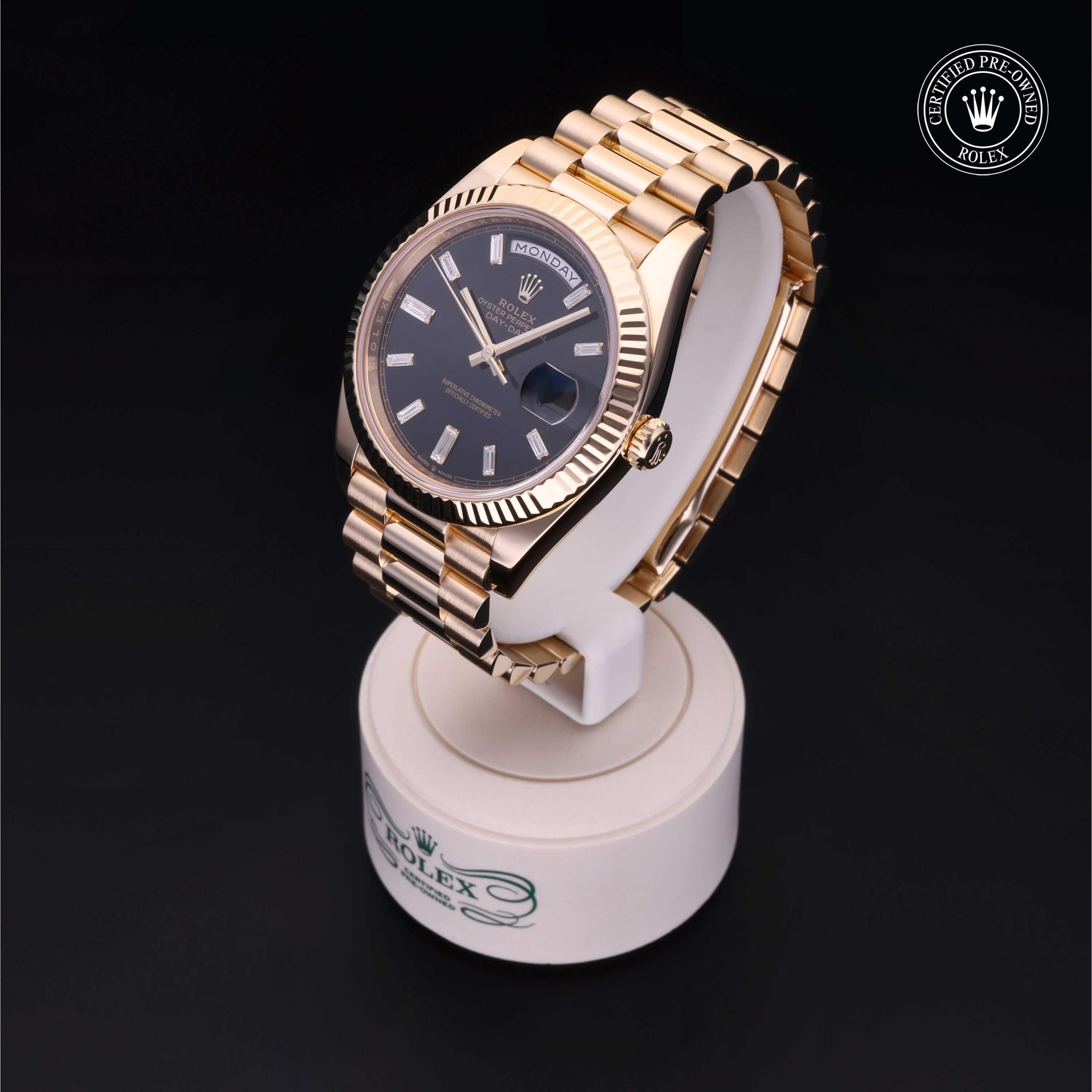 Rolex Certified Pre-owned Day-date M228238-0004 front on black background