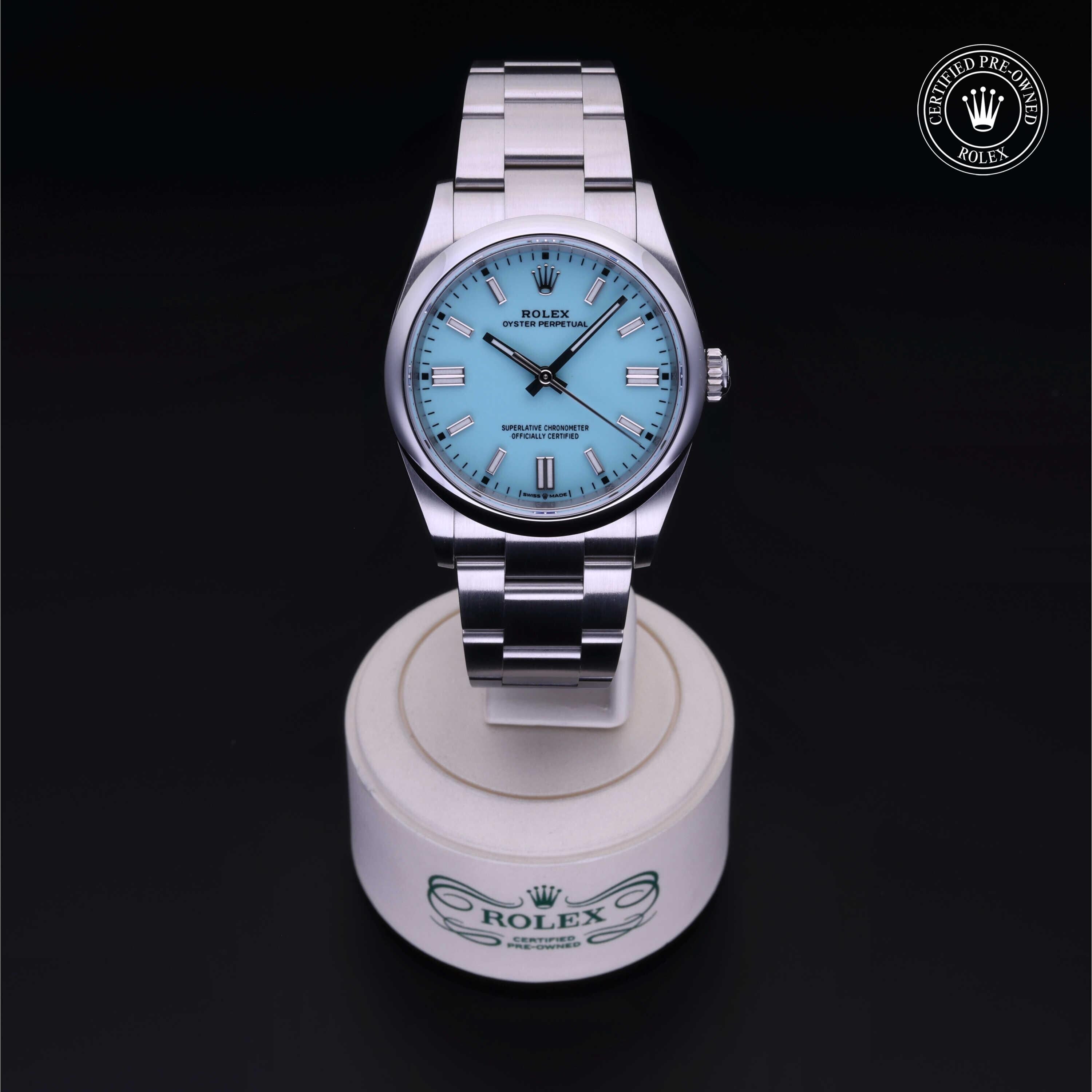 Rolex Certified Pre-owned Oyster Perpetual M126000-0006 front on black background