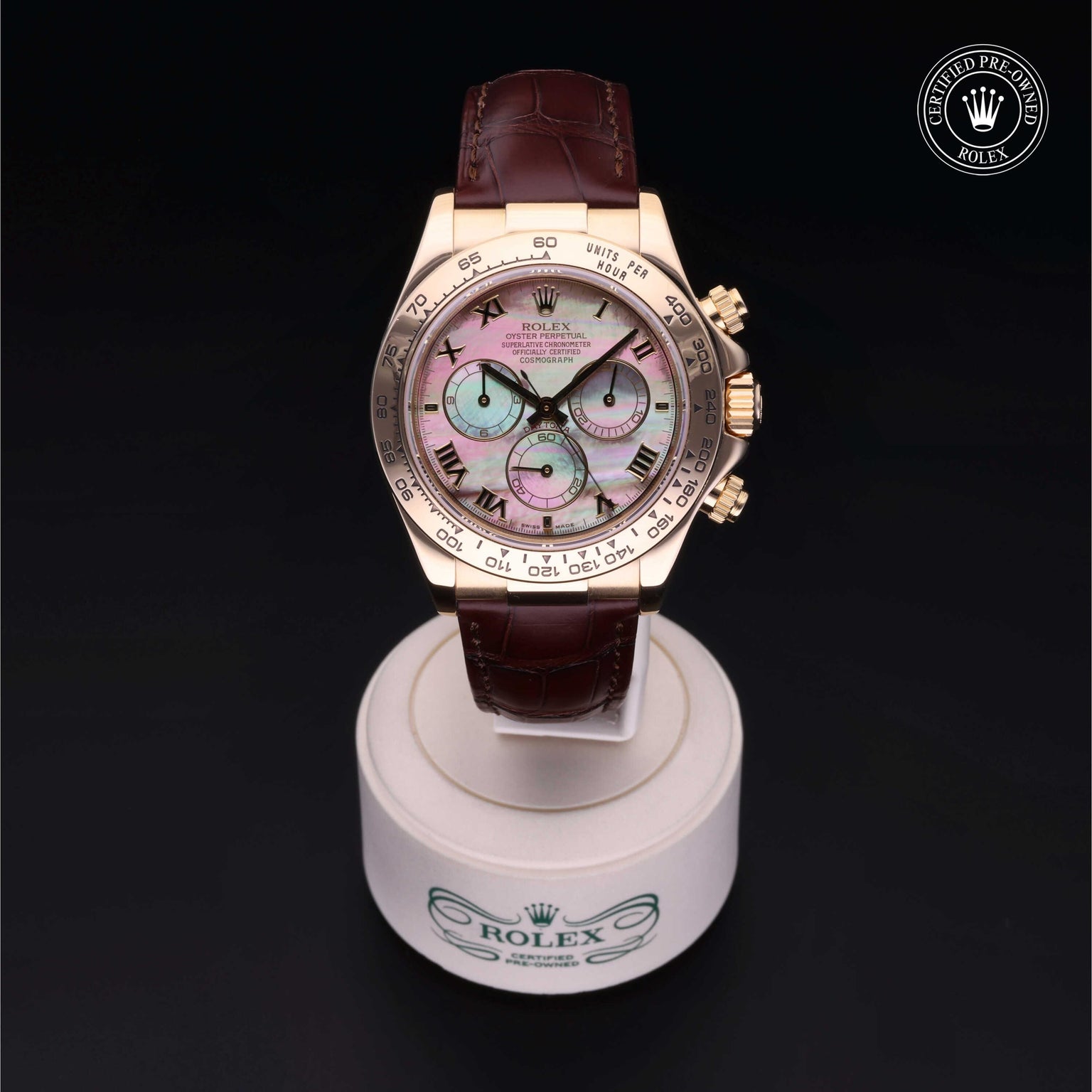Rolex Certified Pre-owned Daytona M116518-0024 front on black background