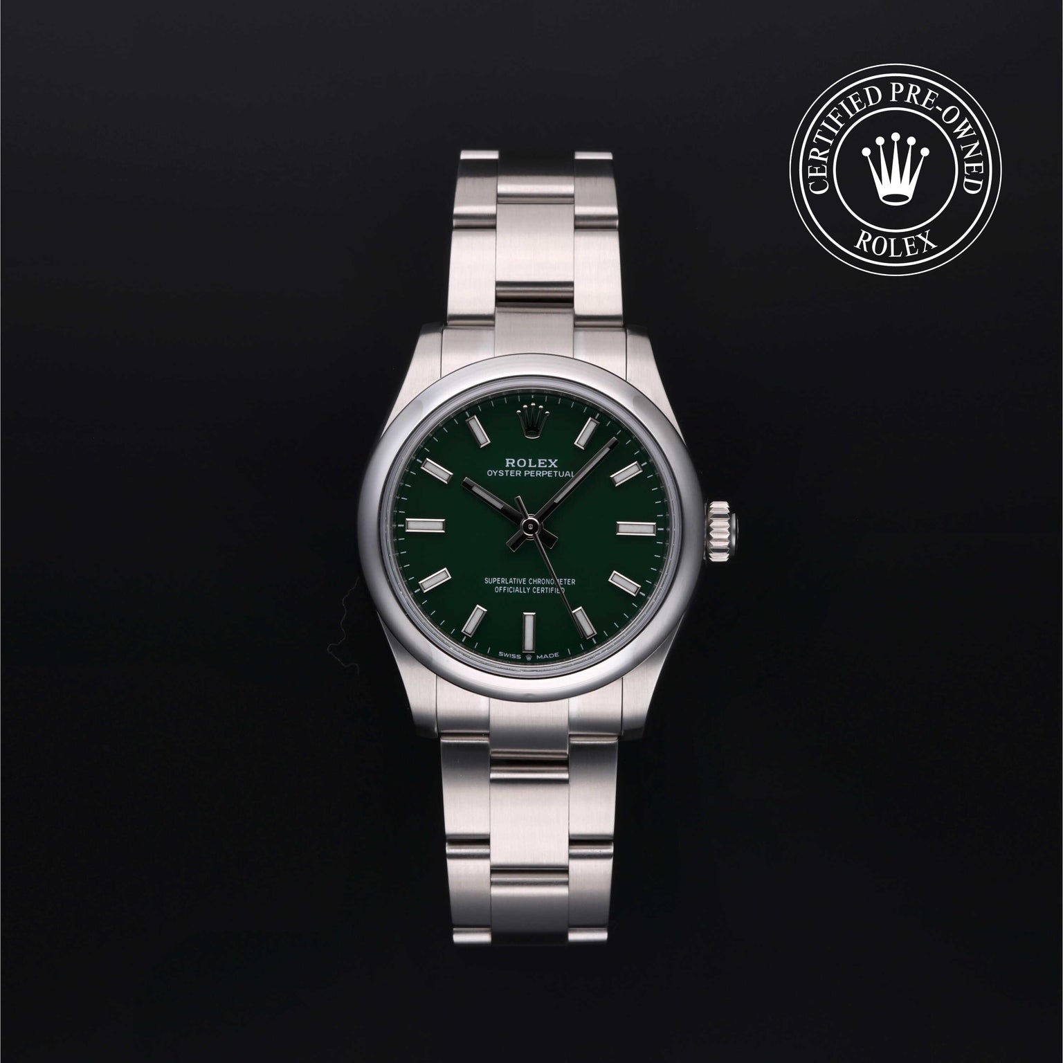 Rolex Certified Pre-owned Oyster Perpetual M277200-0006 front on black background
