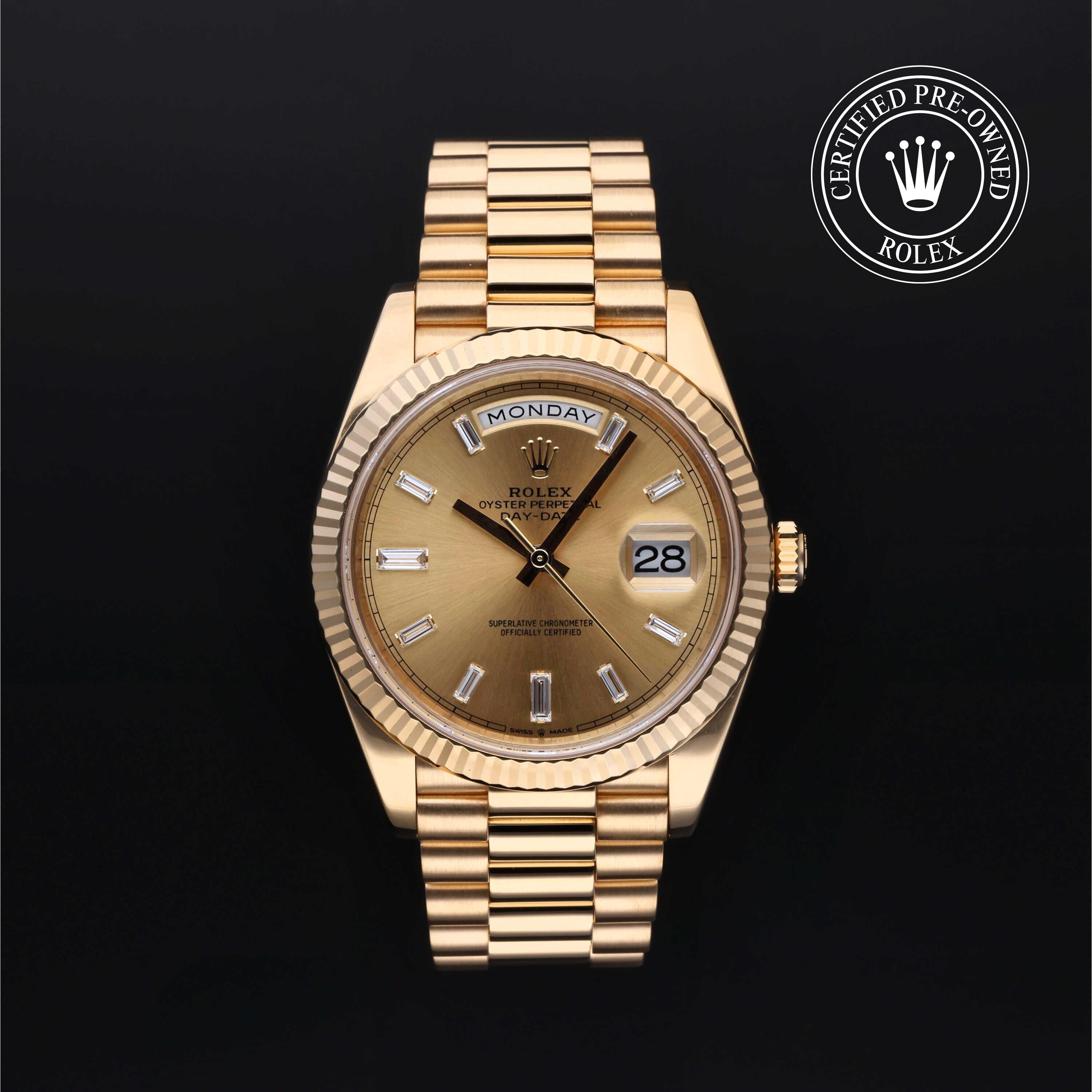 Rolex Certified Pre-owned Day-date M228238-0003 front on black background