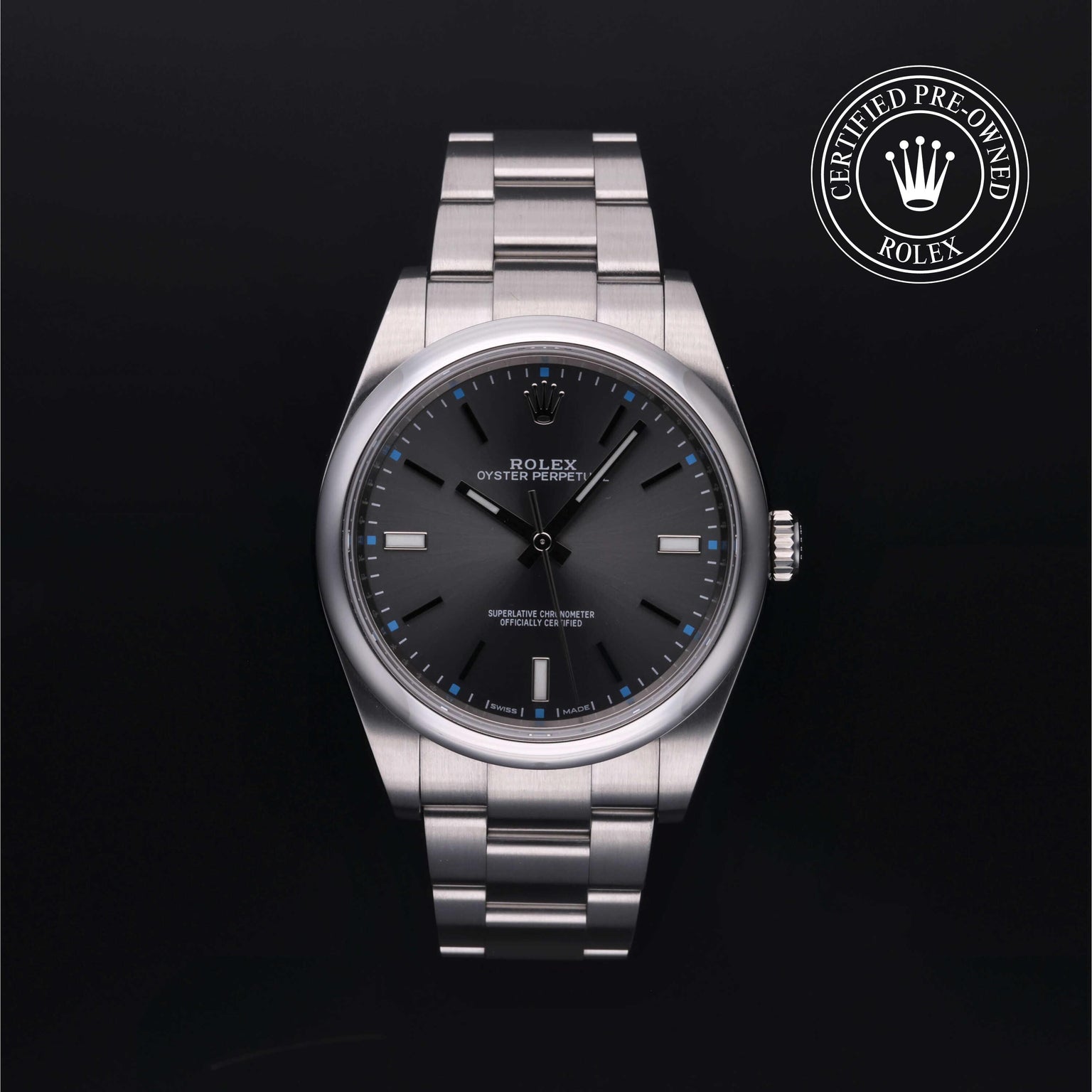 Rolex Certified Pre-owned Oyster Perpetual M114300-0001 front on black background