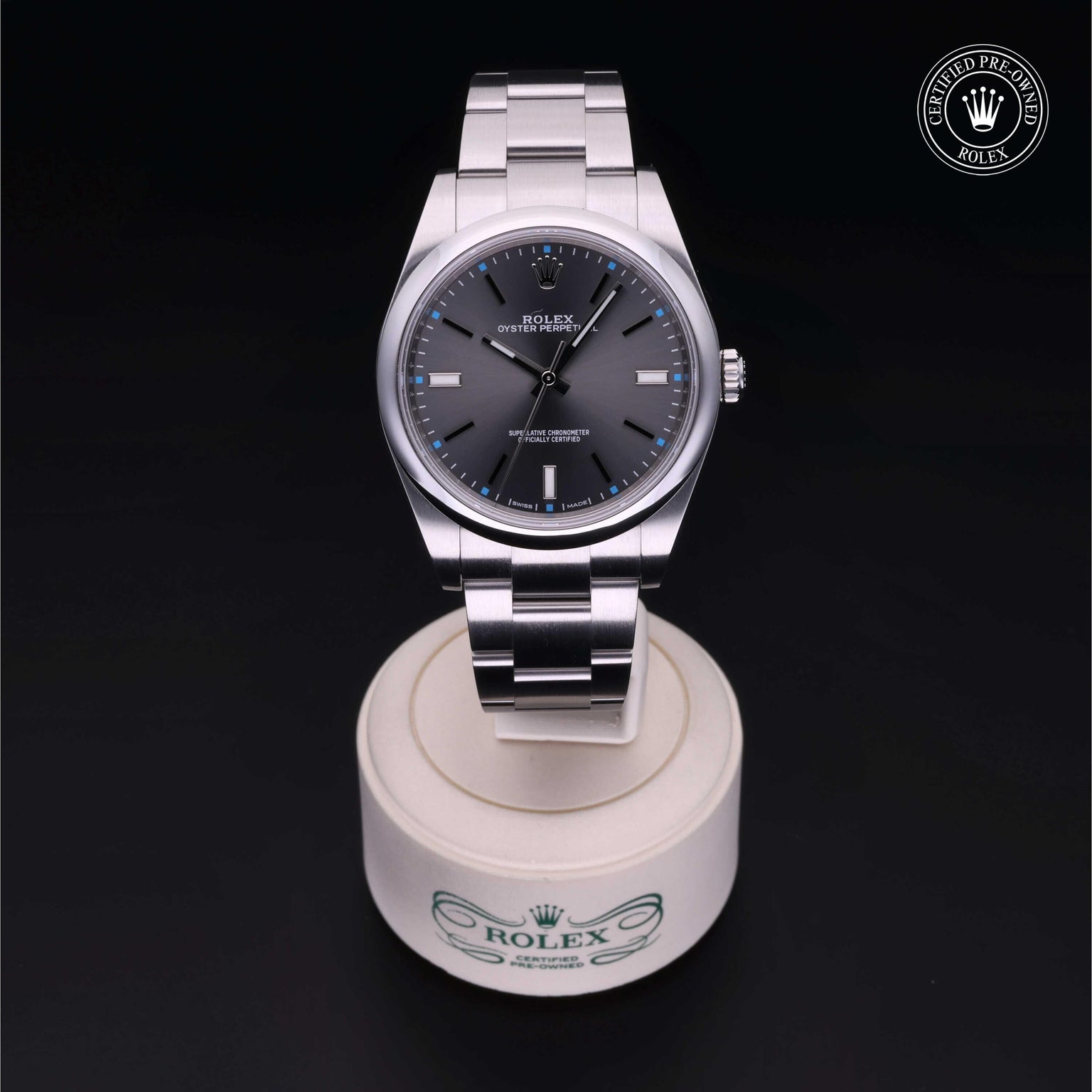 Rolex Certified Pre-owned Oyster Perpetual M114300-0001 front on black background