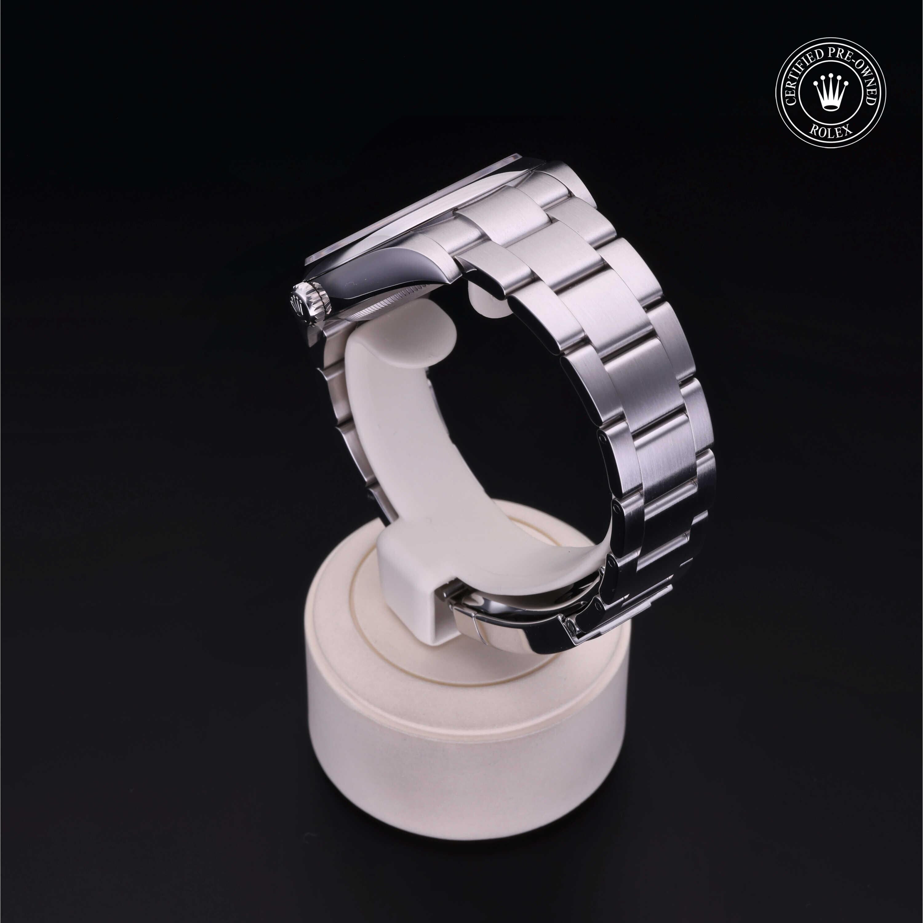 Rolex Certified Pre-owned Oyster Perpetual M114300-0001 front on black background