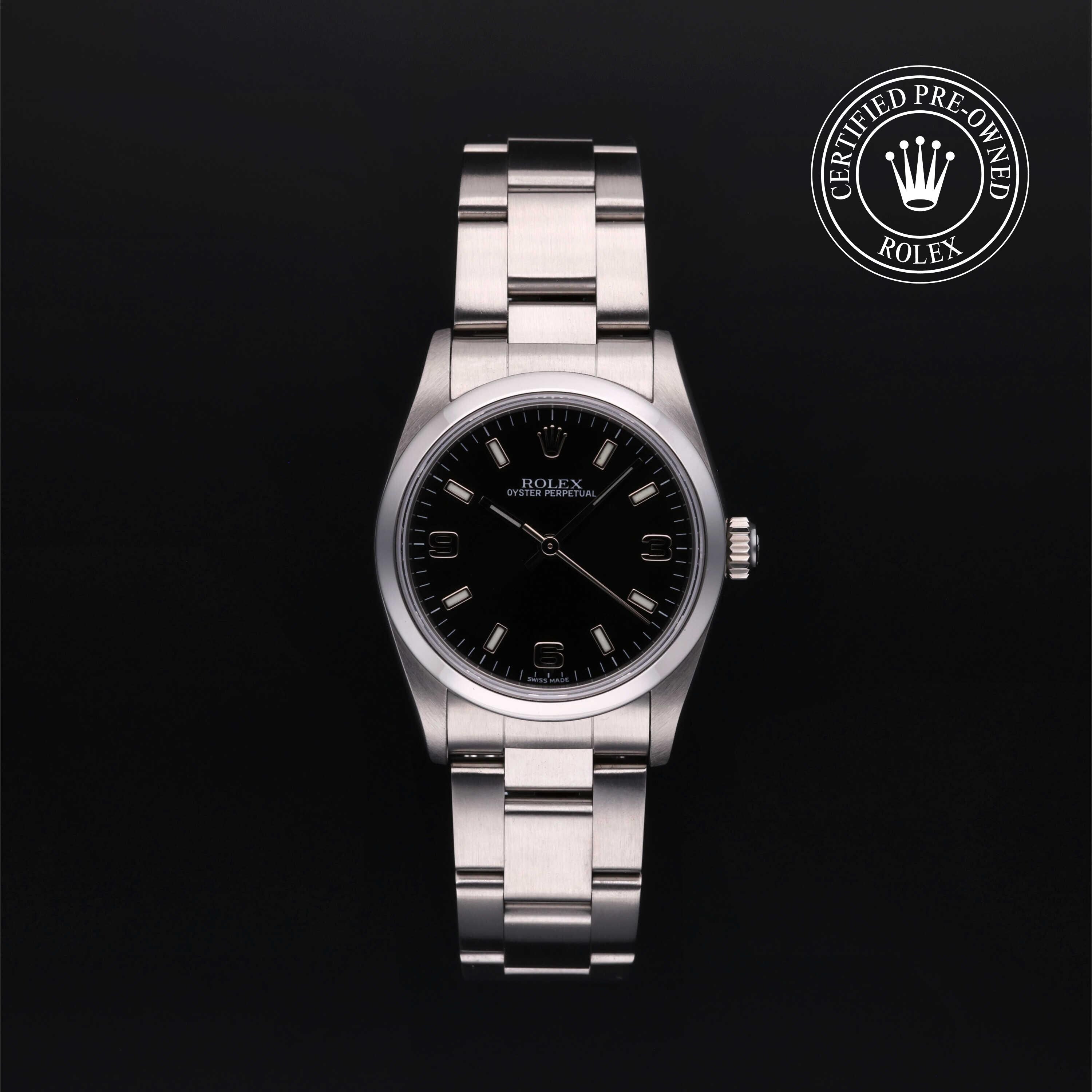Rolex Certified Pre-owned Oyster Perpetual M77080-0025 front on black background