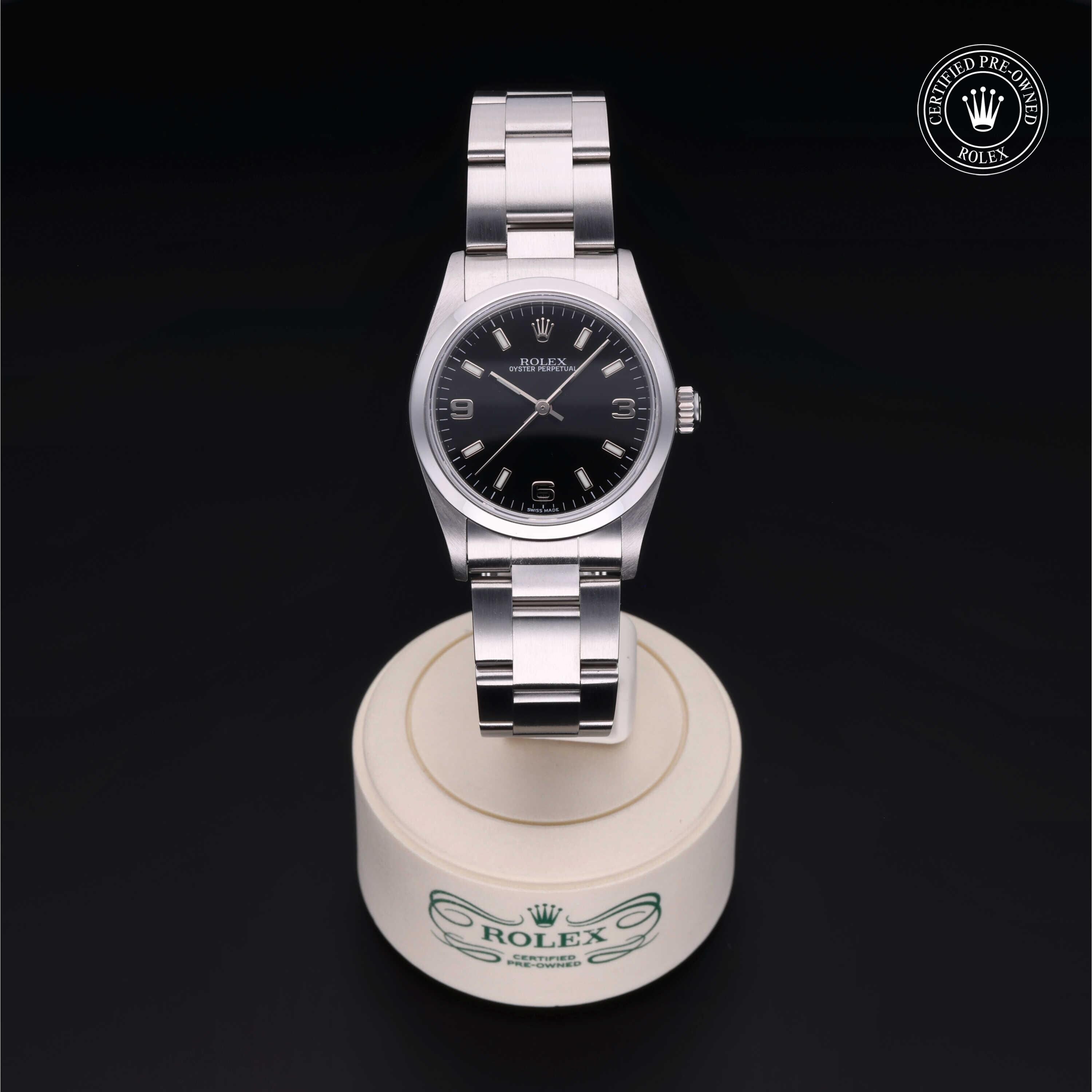Rolex Certified Pre-owned Oyster Perpetual M77080-0025 front on black background