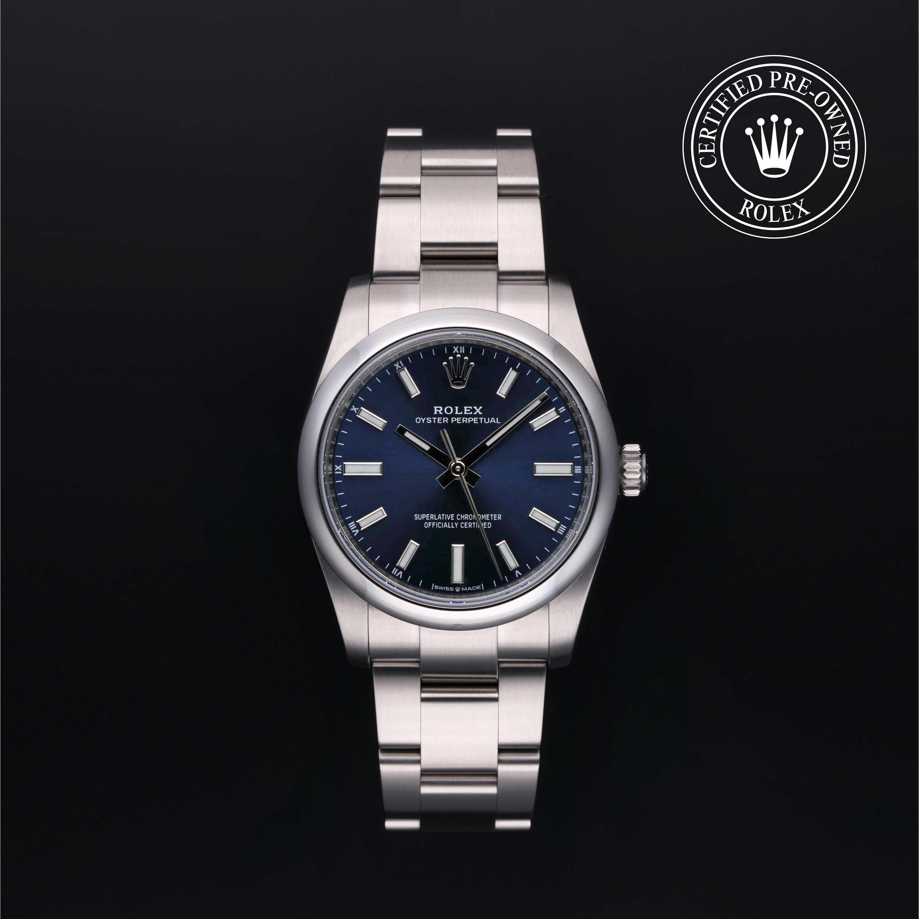 Rolex Certified Pre-owned Oyster Perpetual M124200-0003 front on black background