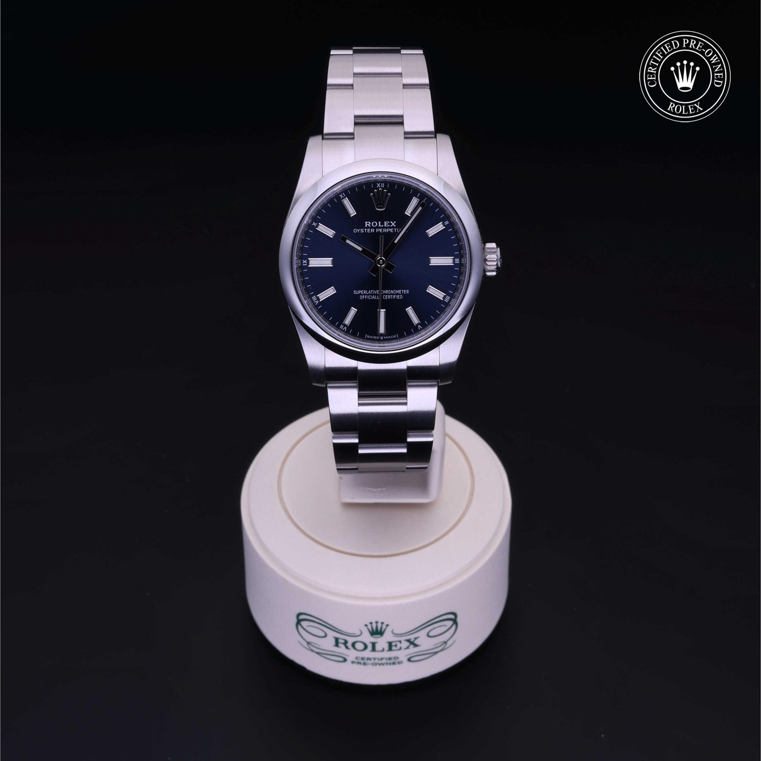 Rolex Certified Pre-owned Oyster Perpetual M124200-0003 front on black background