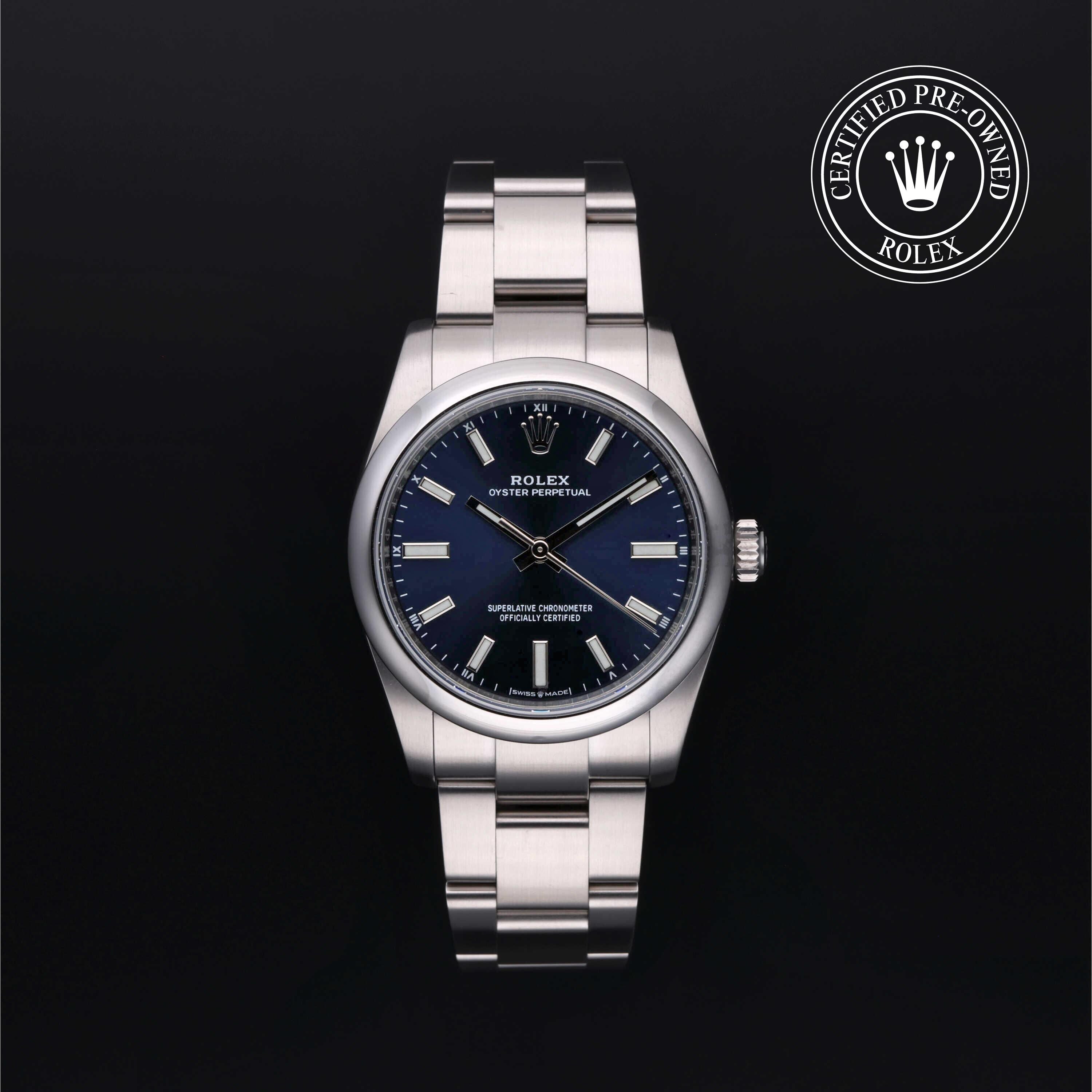 Rolex Certified Pre-owned Oyster Perpetual M124200-0003 front on black background