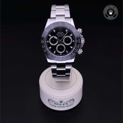 Rolex Certified Pre-owned Daytona M116500LN-0002 front on black background
