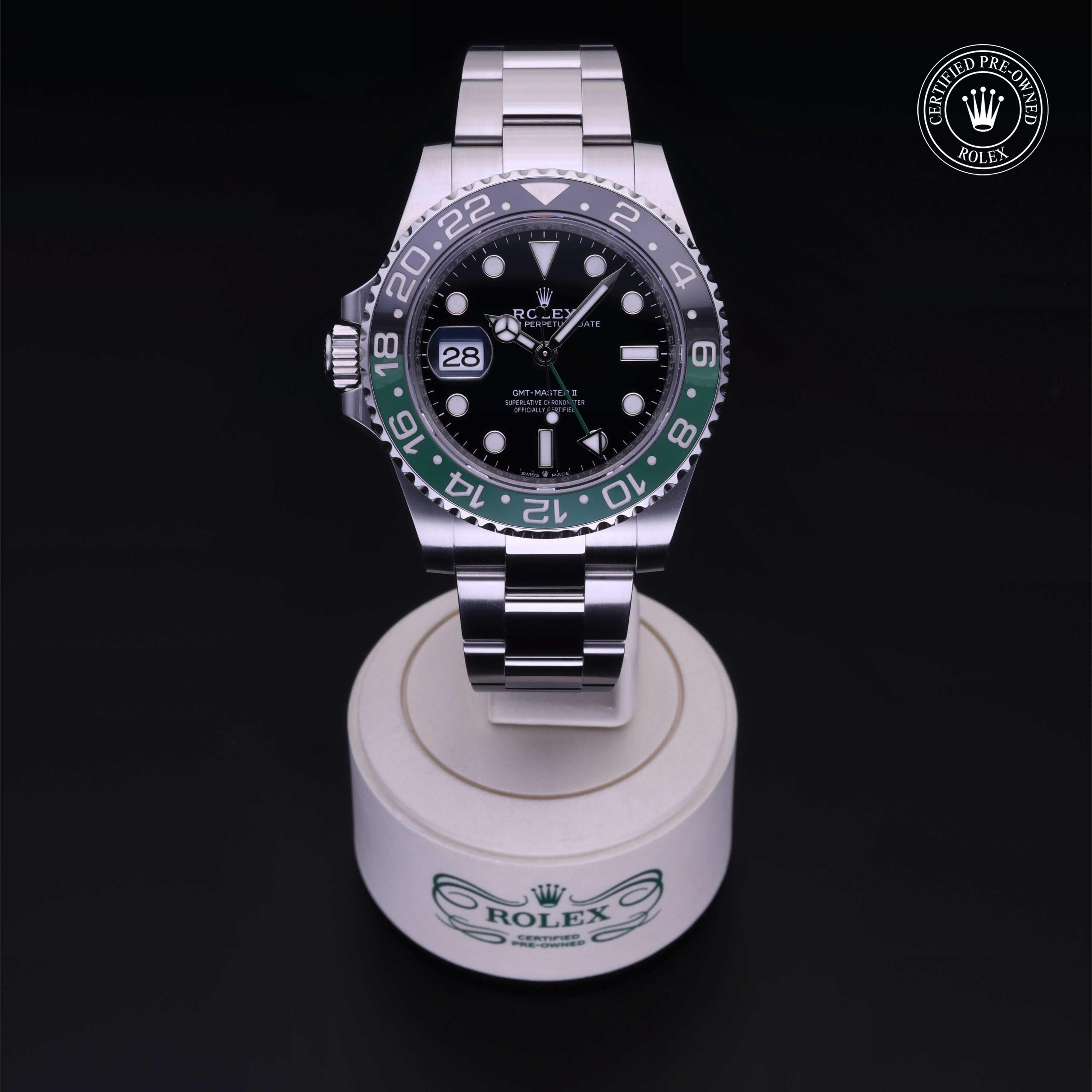Rolex Certified Pre-owned GMT M126720VTNR-0001 front on black background