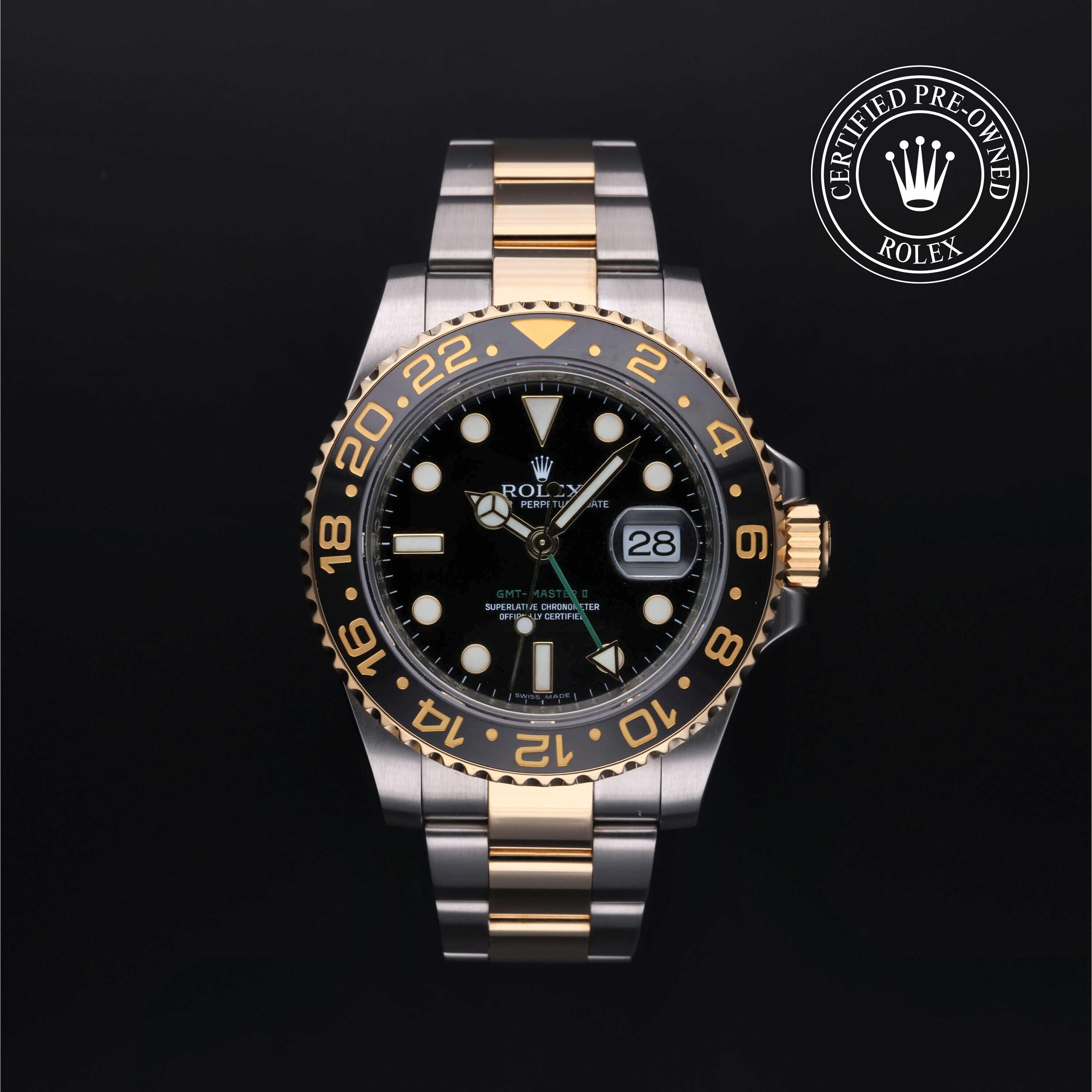 Rolex Certified Pre-owned GMT M116713LN-0001 front on black background