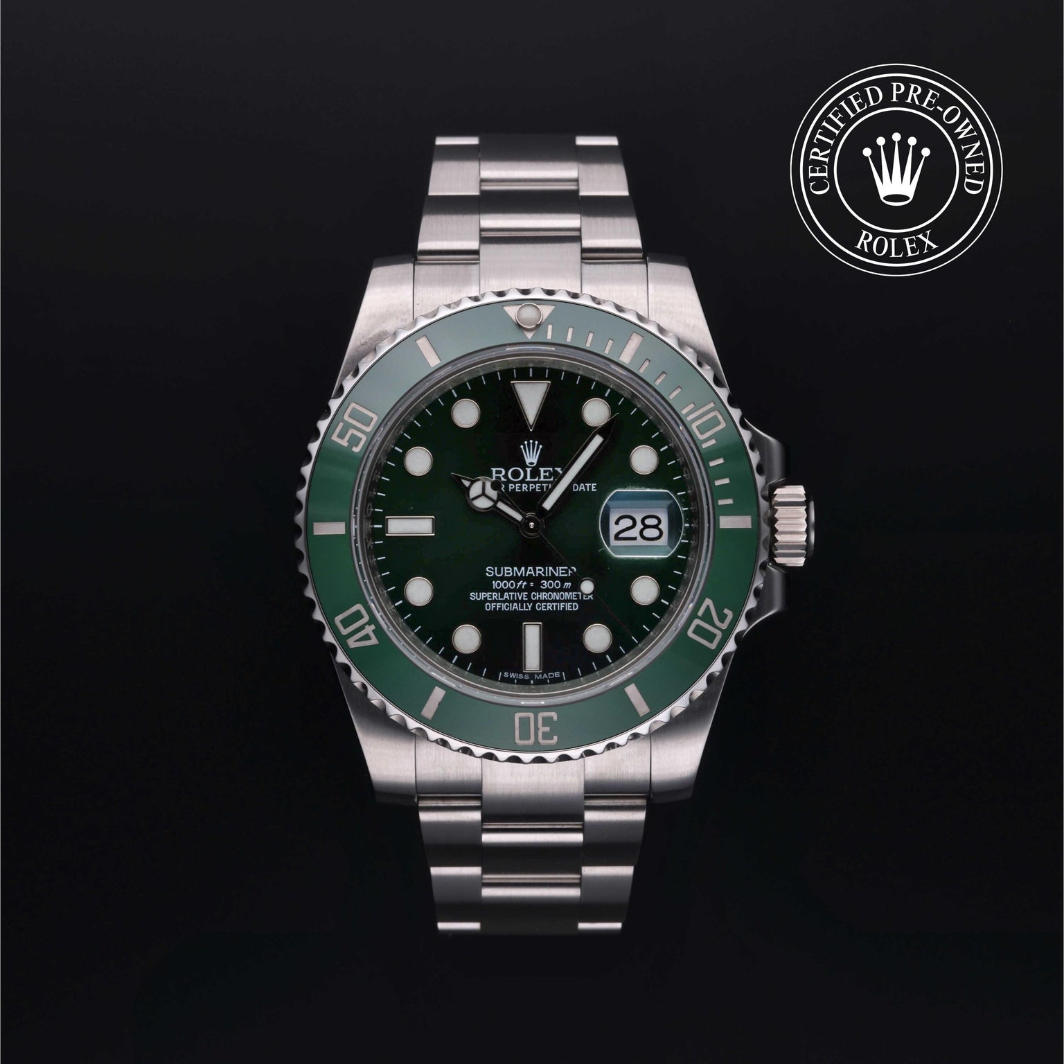 Rolex Certified Pre-owned Submariner M116610LV-0002 front on black background