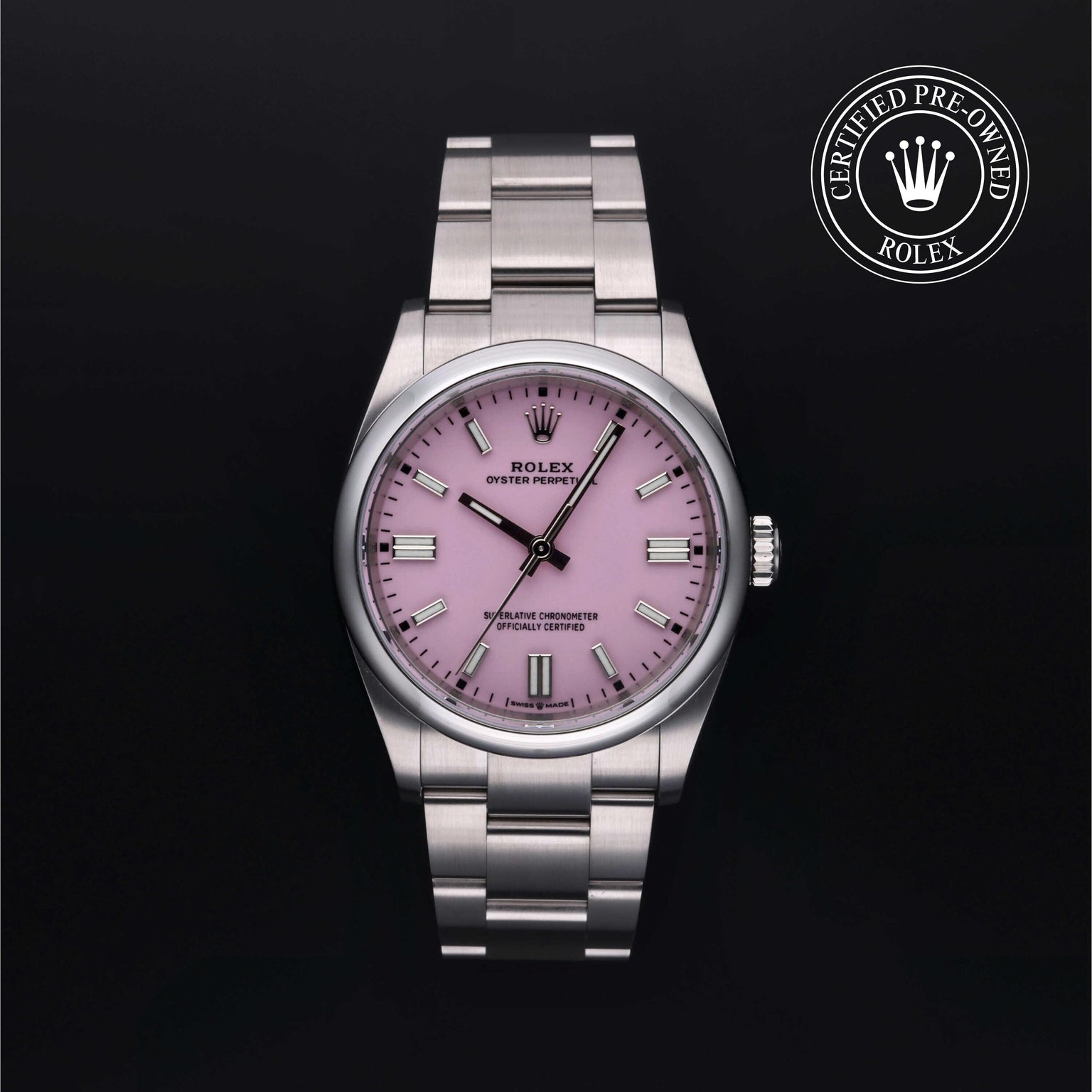 Rolex Certified Pre-owned Oyster Perpetual M126000-0008 front on black background