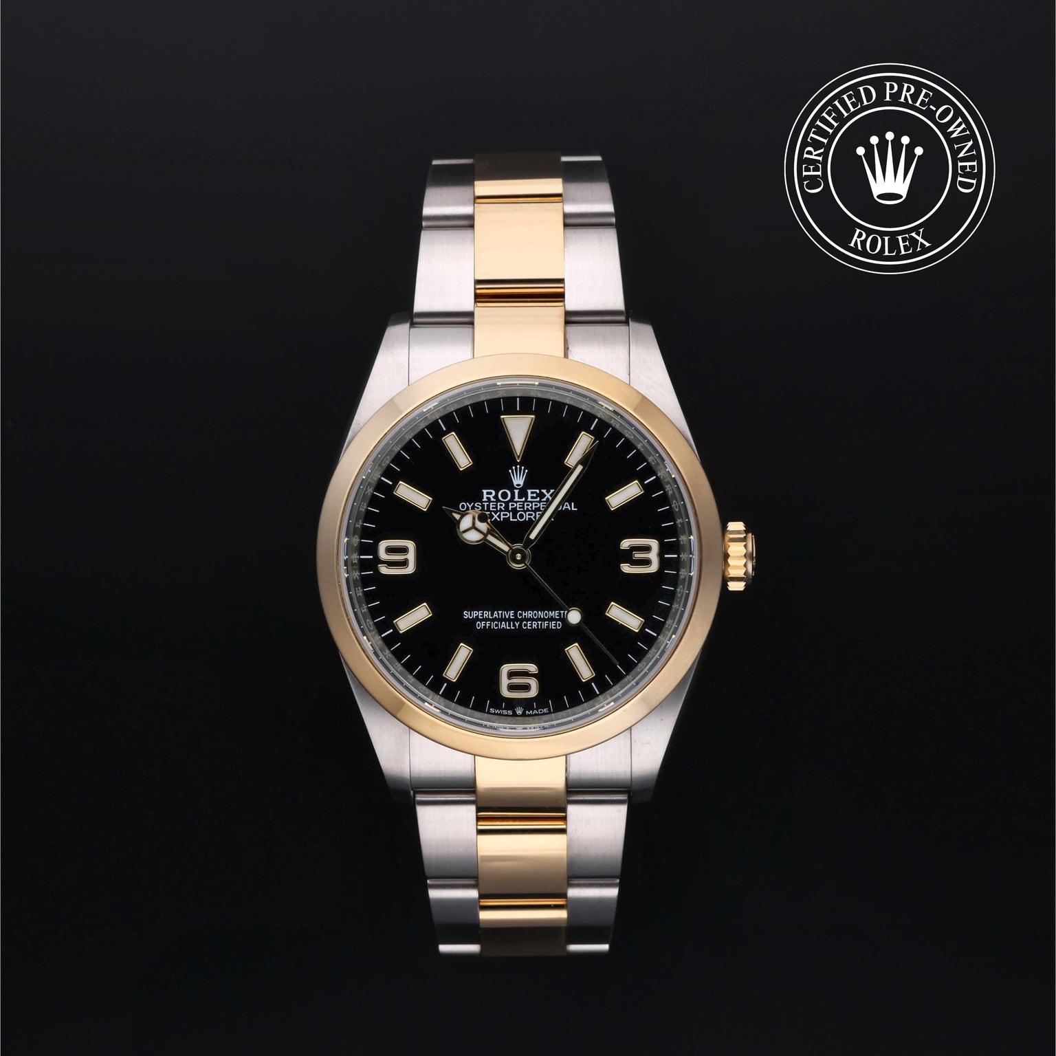 Rolex Certified Pre-owned Explorer M124273-0001 front on black background