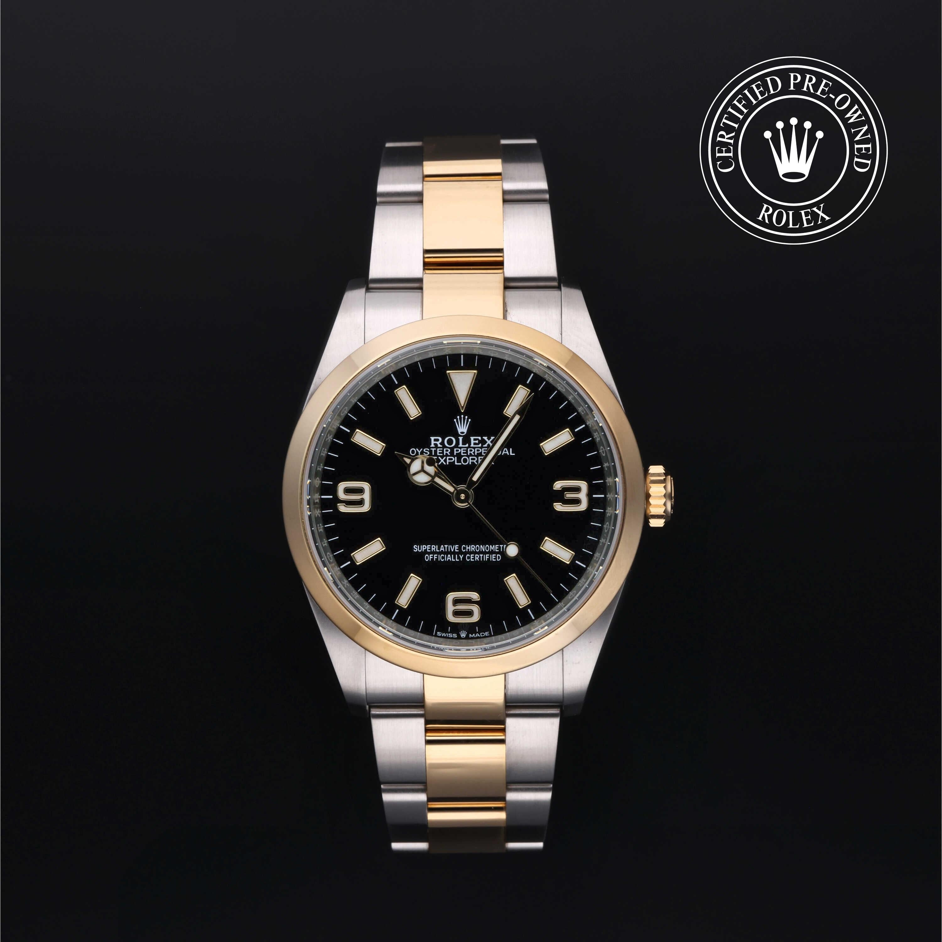 Rolex Certified Pre-owned Explorer M124273-0001 front on black background