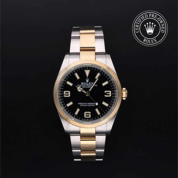 Rolex Certified Pre-owned Explorer M124273-0001 front on black background