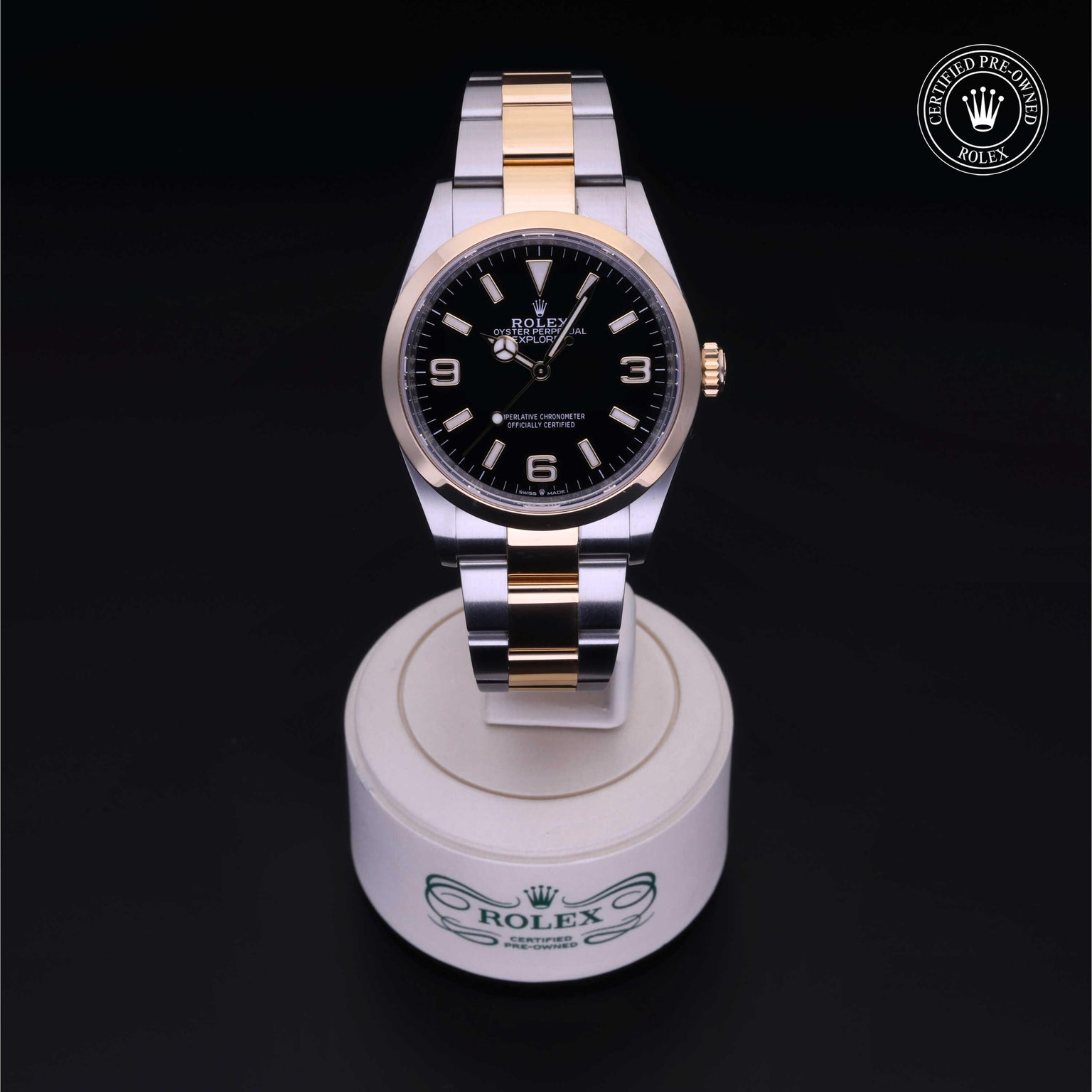 Rolex Certified Pre-owned Explorer M124273-0001 front on black background