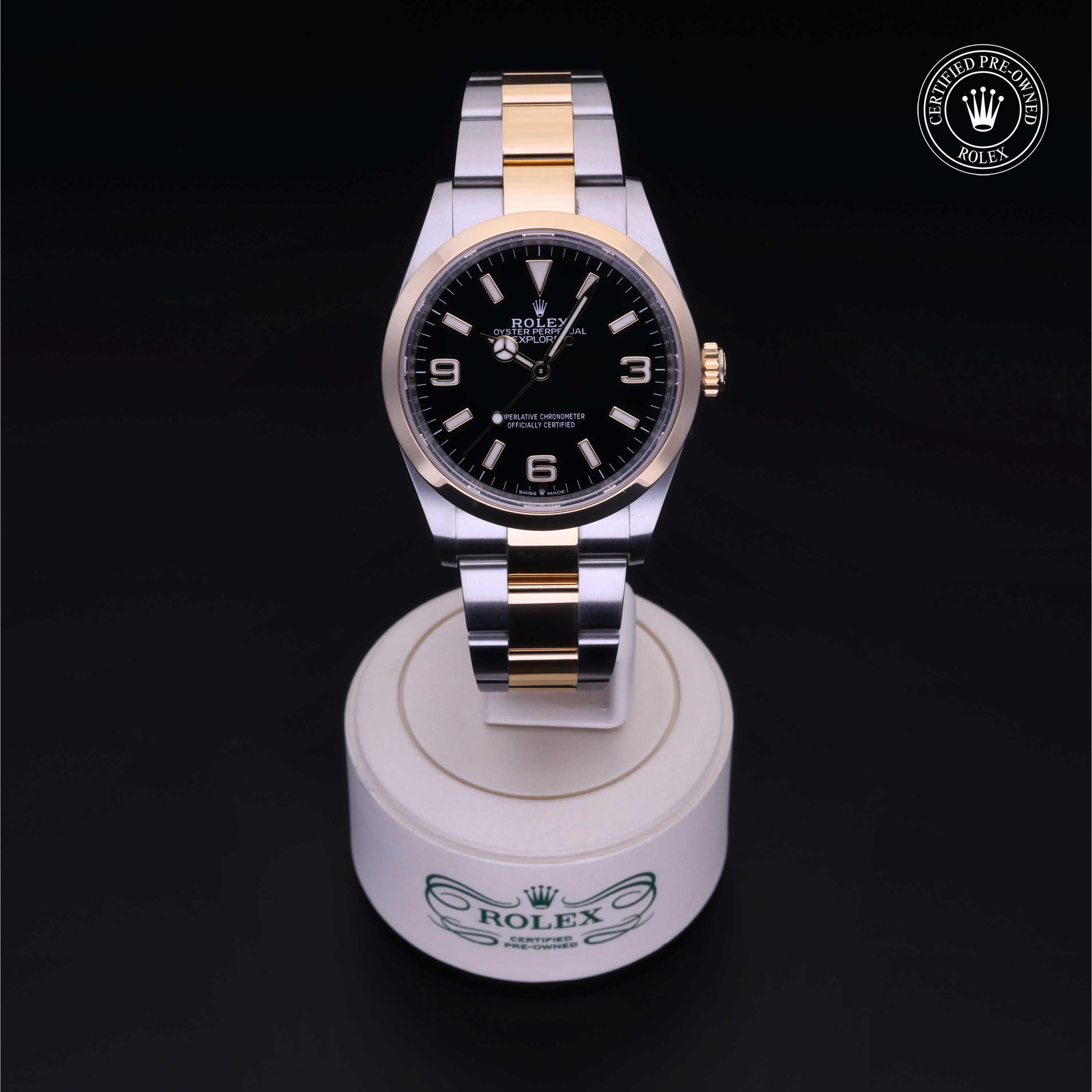Rolex Certified Pre-owned Explorer M124273-0001 front on black background