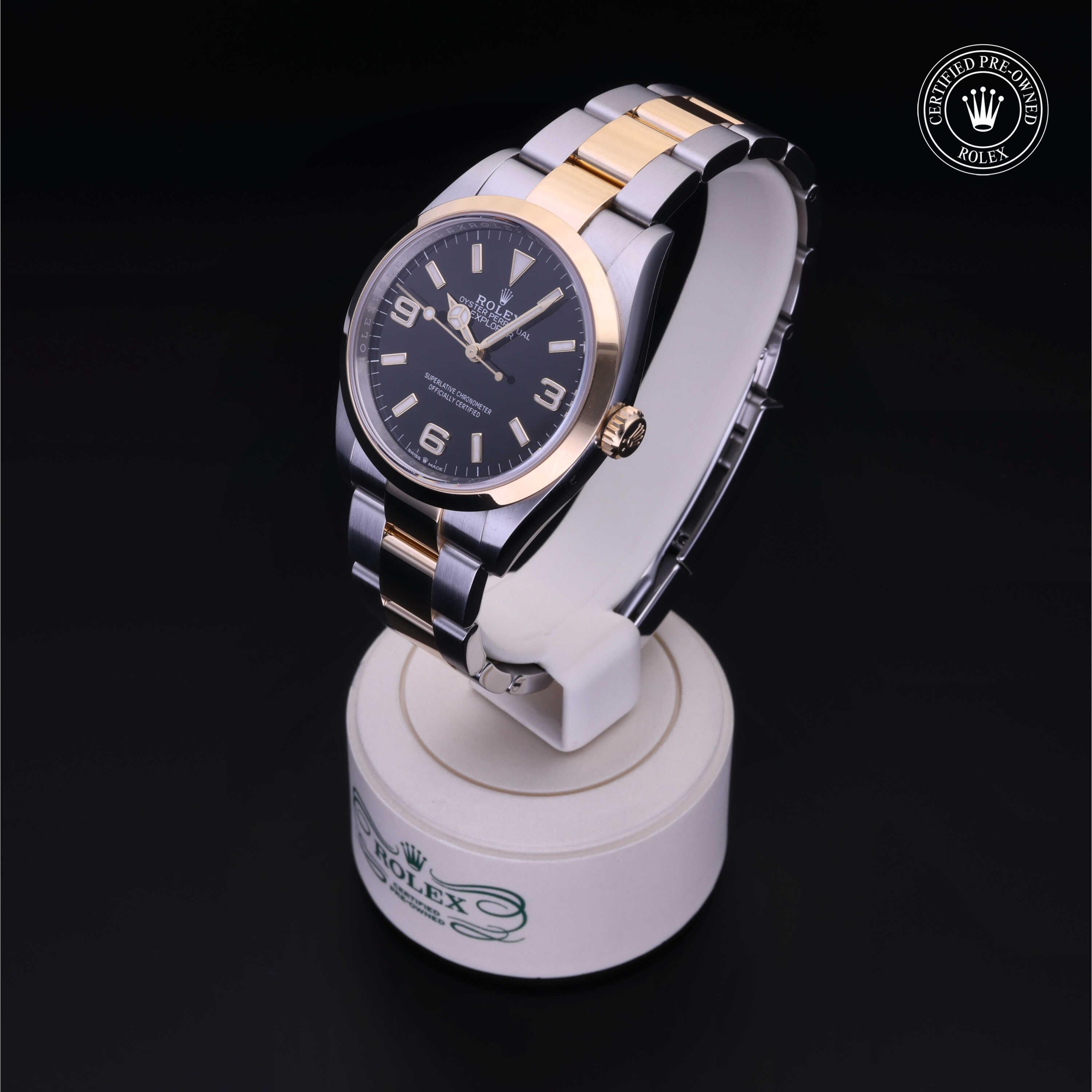 Rolex Certified Pre-owned Explorer M124273-0001 front on black background