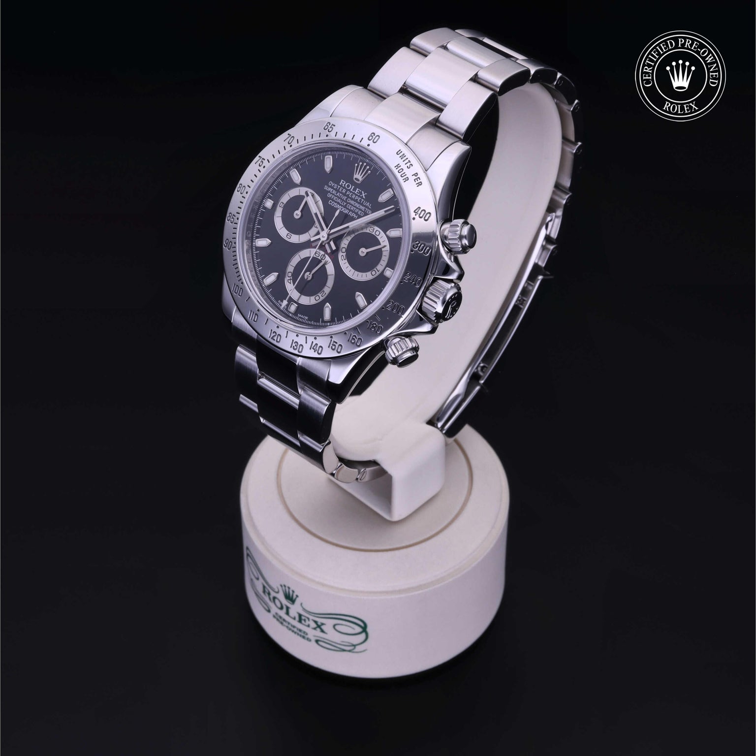 Rolex Certified Pre-owned Daytona M116520-0015 front on black background