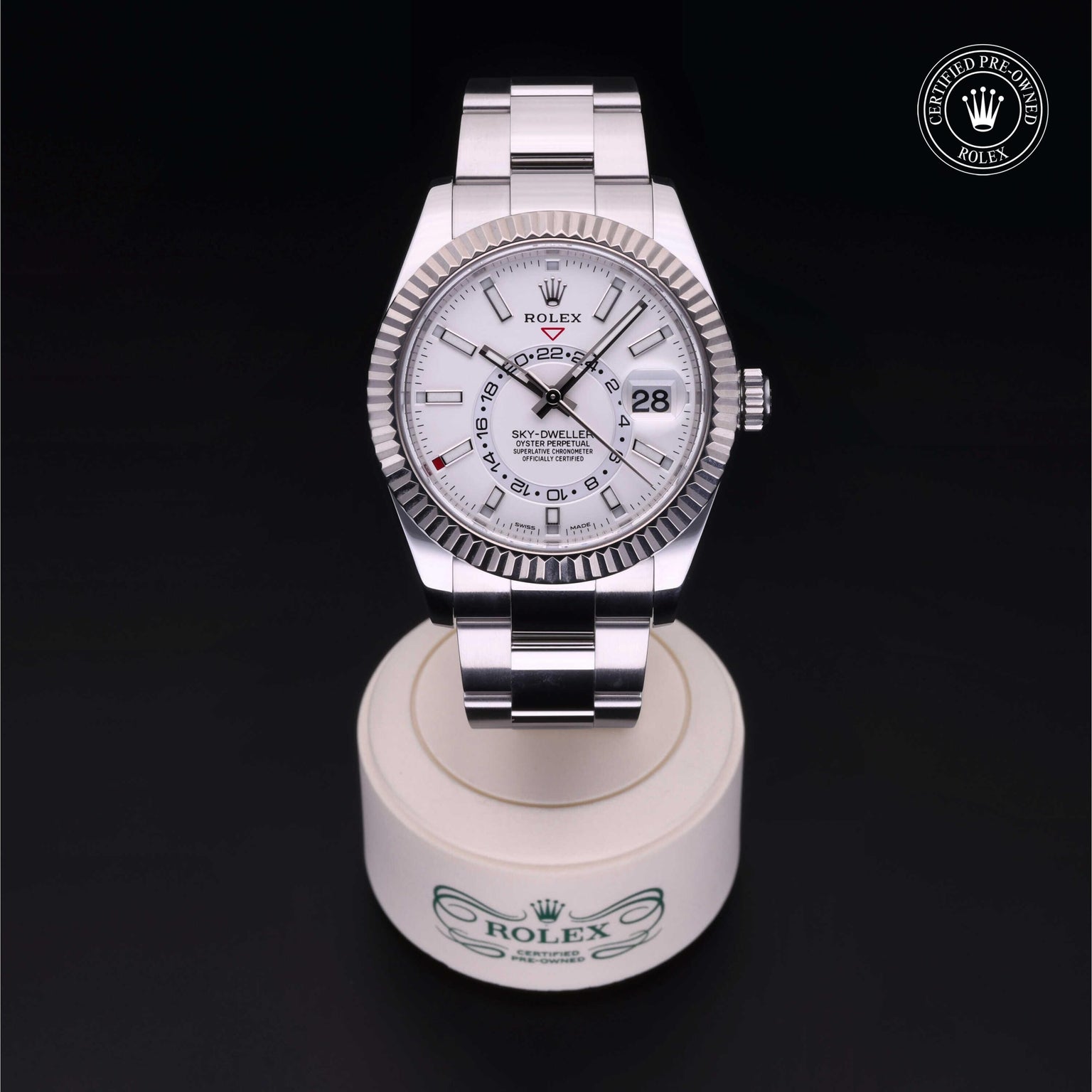 Rolex Certified Pre-owned Sky-Dweller M326934-0001 front on black background