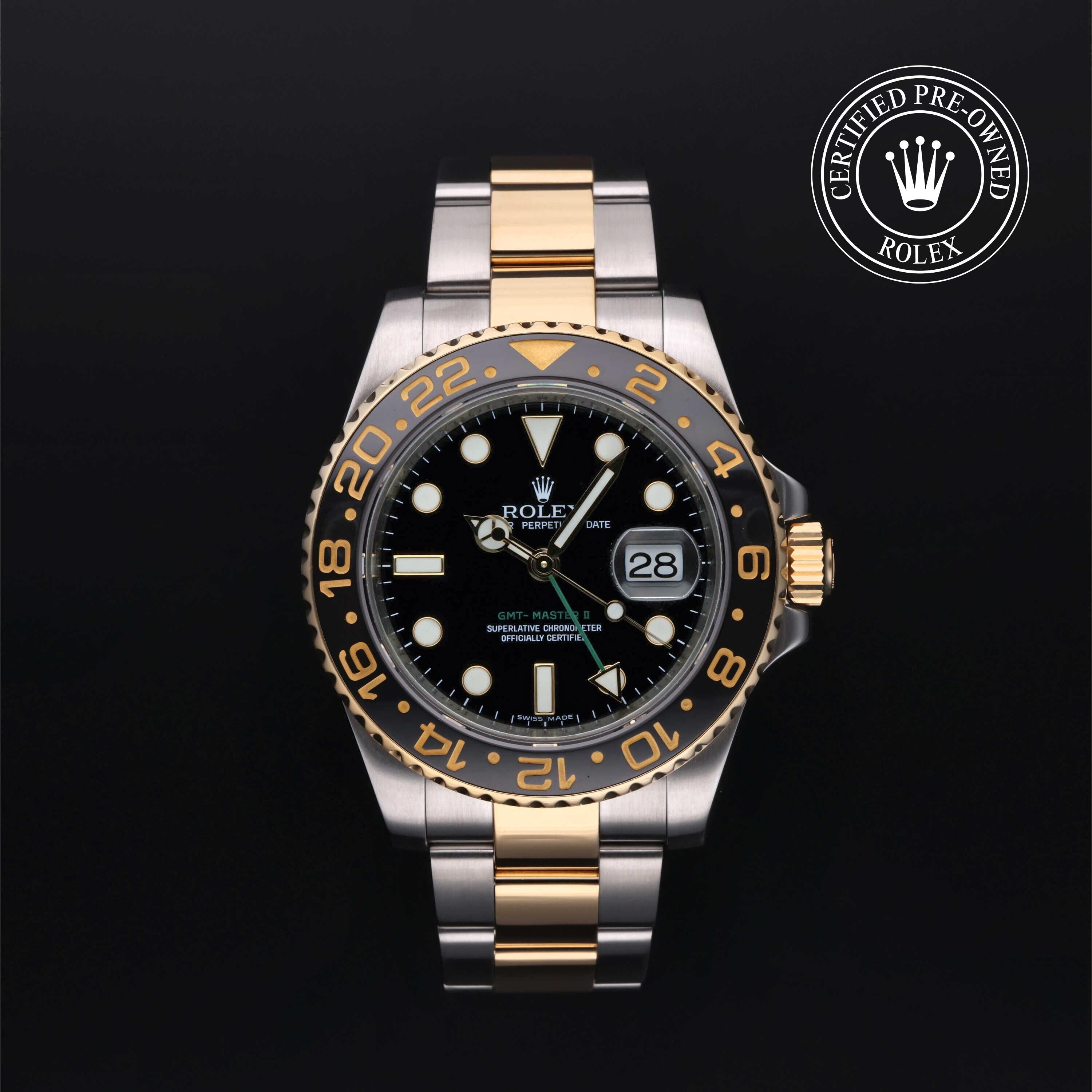 Rolex Certified Pre-owned GMT M116713LN-0001 front on black background