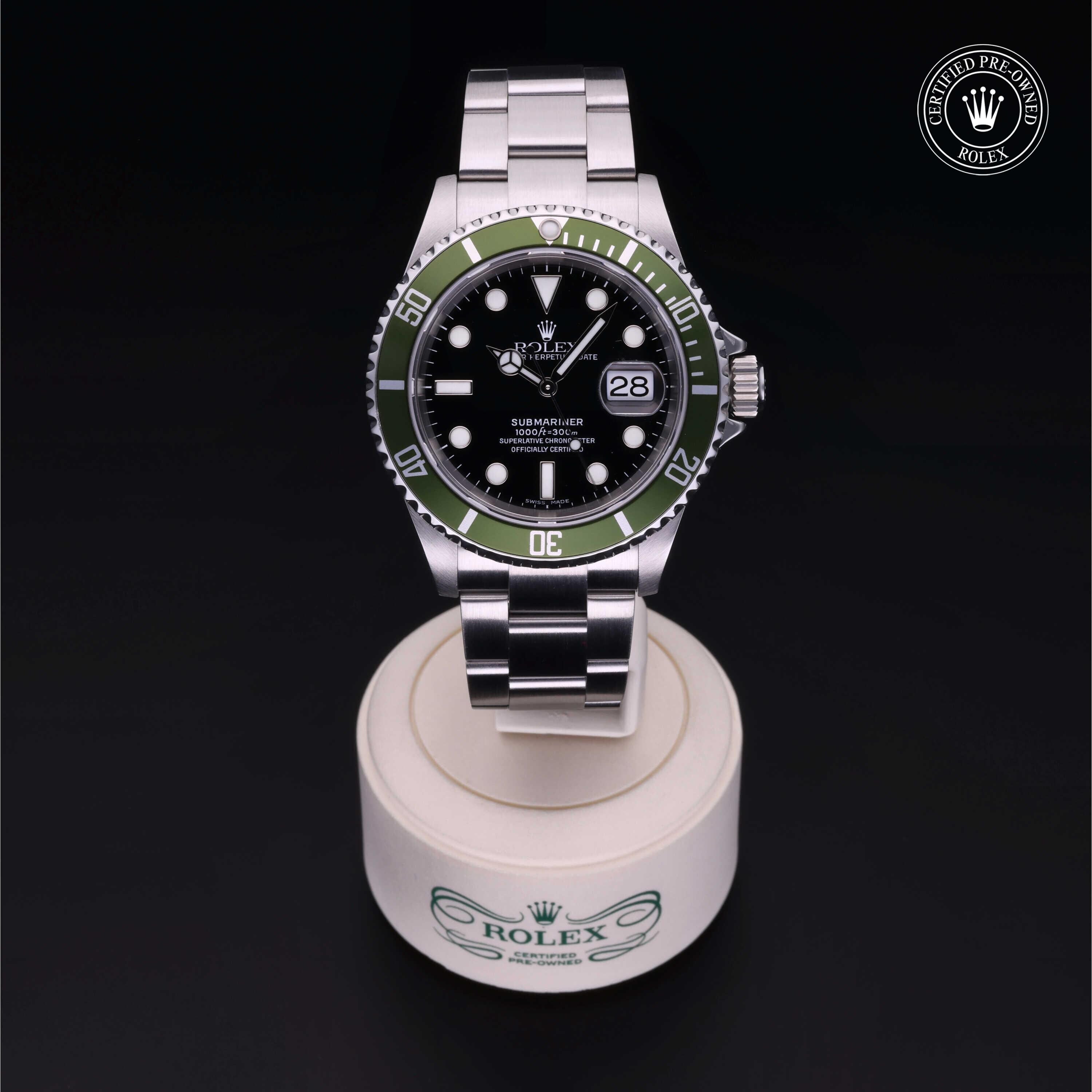Rolex Certified Pre-owned Submariner M16610LV-0002 front on black background
