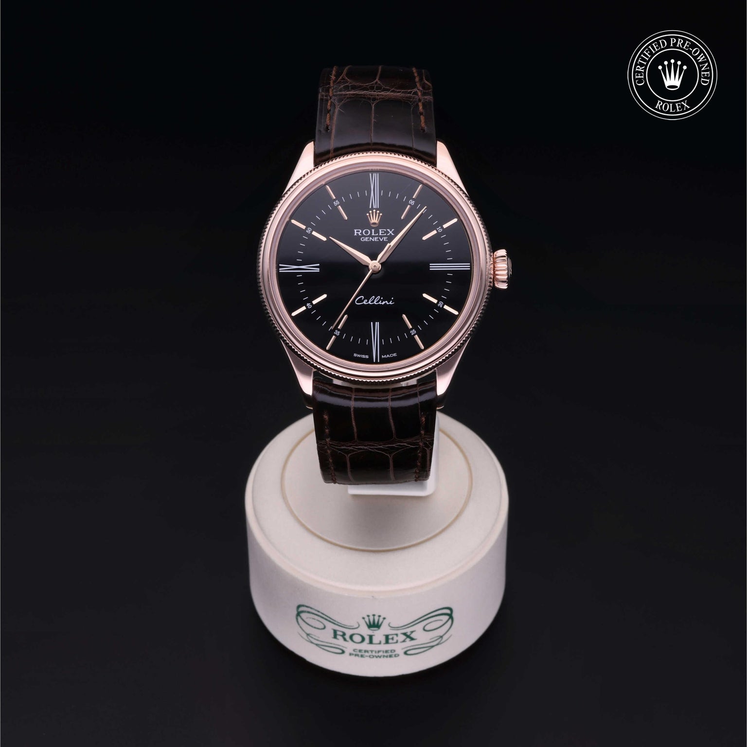 Rolex Certified Pre-owned Cellini M50505-0005 front on black background