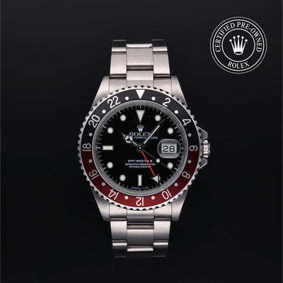 Rolex Certified Pre-owned GMT M16710-0009 front on black background